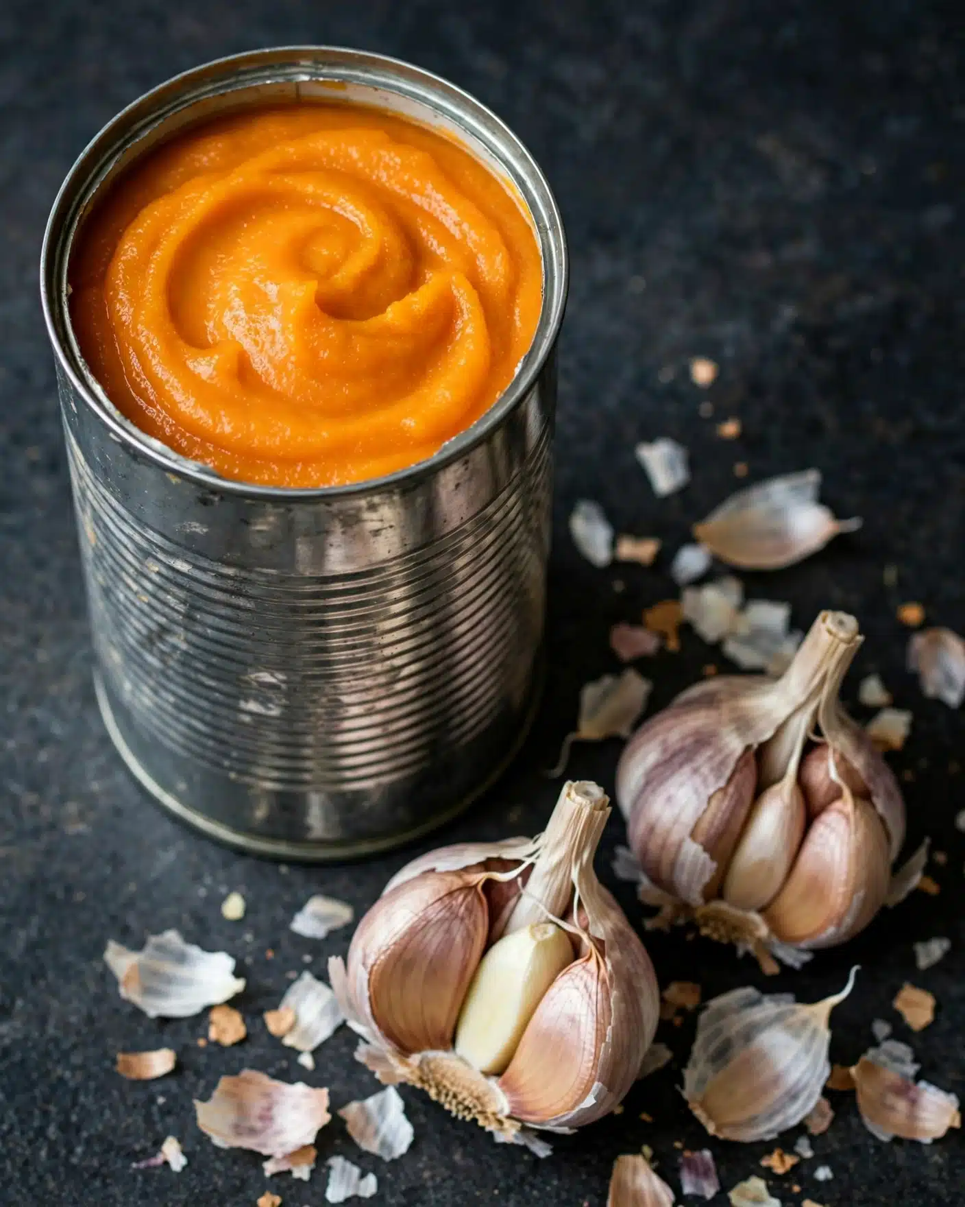One Pot Stove-Top Pumpkin Mac and Cheese Recipe 4 A tall open can filled with smooth, bright orange pumpkin puree takes the left side of the image, the puree forming a soft, slightly swirled surface inside the can. Below and to the right of the can lie two bulbs of garlic, their light brown and purplish skins partially peeled back to reveal pale cloves underneath. Around the garlic bulbs are scattered pieces of papery white and tan garlic skin. The items are placed on a dark surface that contrasts with their warm tones. photo taken with an iphone --ar 4:5 --v 7