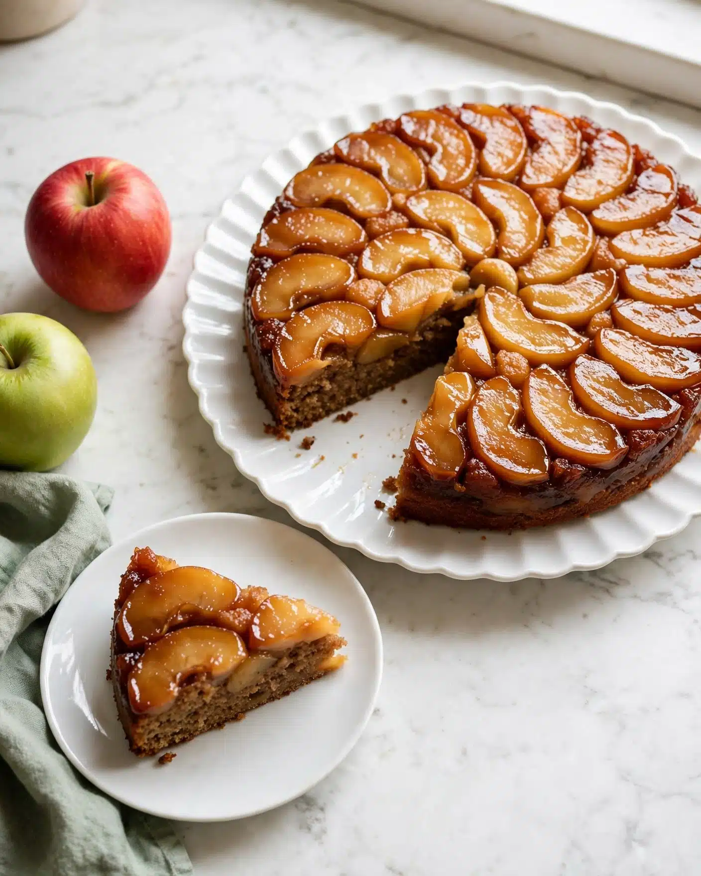 Caramel Apple Upside Down Cake Recipe 5 The image shows a round upside-down apple cake on a white fluted plate placed on a white marbled surface. The cake has one layer with soft, golden-brown caramelized apple slices almost covering the whole top, arranged in a circular pattern with a shiny glaze. The base of the cake is a darker brown, slightly visible around the edges and in the area with a slice removed. There is a single slice taken out and placed on a small white plate to the lower left, showing the thickness of the moist cake with apples on top. Around the cake, two whole apples, one red and one green, sit on the surface with a green cloth napkin nearby. photo taken with an iphone --ar 4:5 --v 7