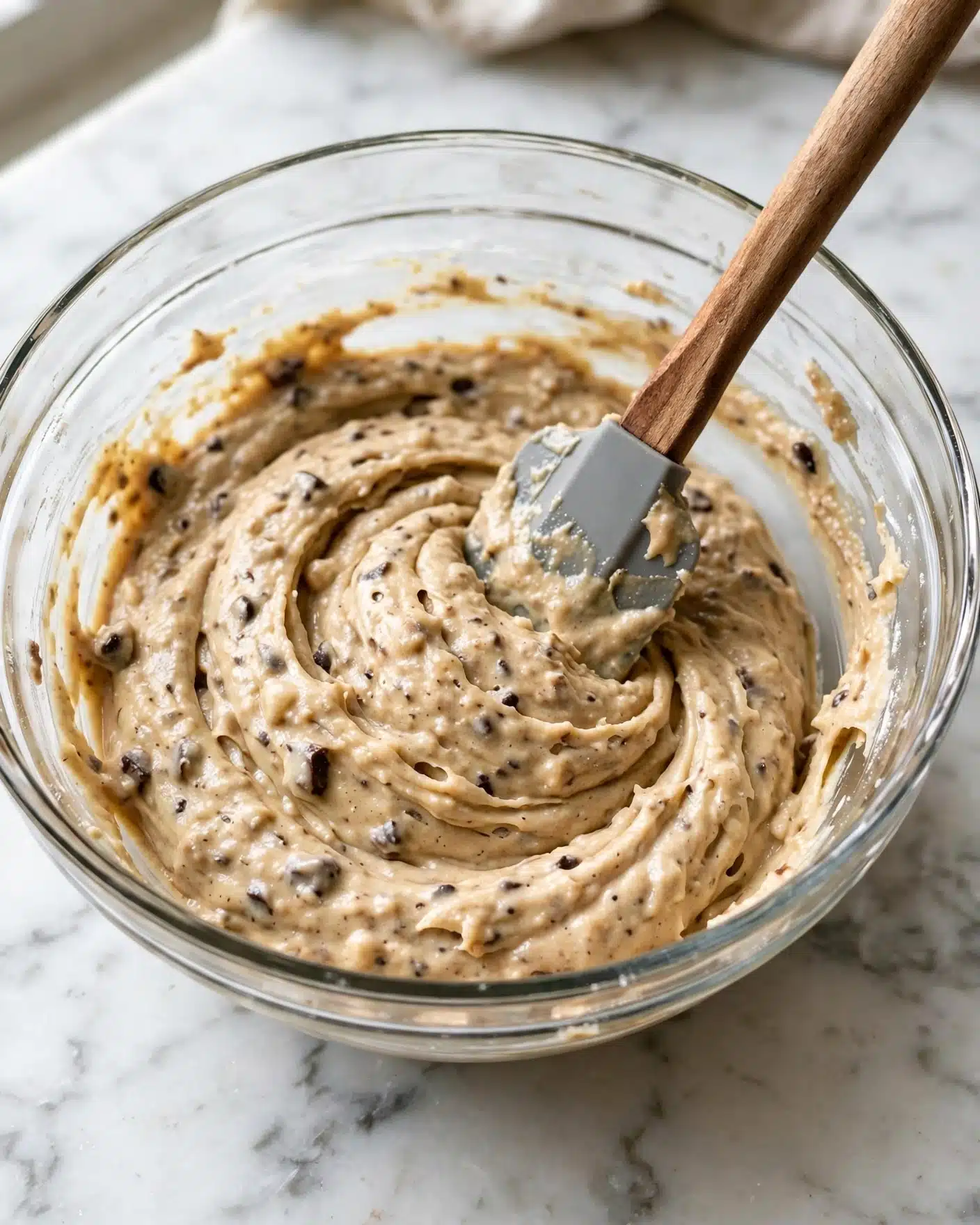 A clear glass bowl is filled with a thick, smooth batter that is light tan in color with small darker specks and bits throughout. The batter has a creamy and slightly chunky texture, swirled gently in the bowl. A spatula with a wooden handle and a gray silicone head rests inside, partially submerged in the batter. The bowl sits on a white marbled surface. Photo taken with an iphone --ar 4:5 --v 7