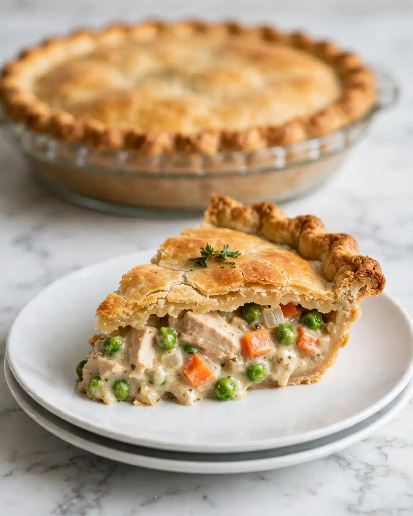 A slice of chicken pot pie sits on a white plate placed on top of another white plate, set against a white marbled surface. The pie slice has a golden-brown, flaky crust on top, crimped carefully along the edge. The filling inside is rich and creamy, with visible pieces of chicken in light beige, bright orange carrots, and vibrant green peas mixed in a thick sauce. A small green herb garnish sits on top of the crust, adding a fresh touch. The full pie is placed in the background in a clear glass pie dish with the top crust golden and smooth. Photo taken with an iphone --ar 4:5 --v 7