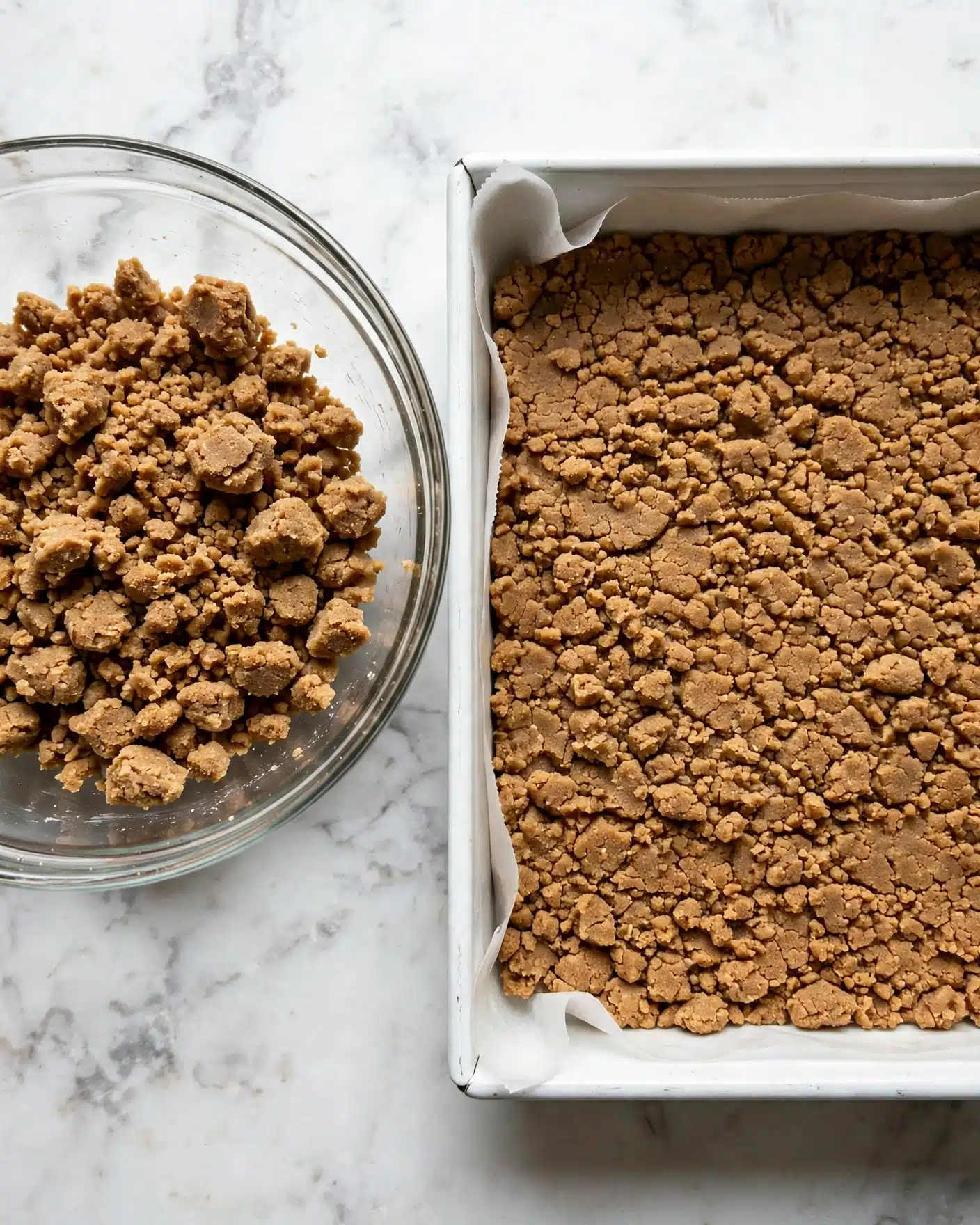 Pumpkin Caramel Cheesecake Bars with a Streusel Topping Recipe 5 The image shows two parts: on the left, a clear glass bowl filled with crumbly brown dough that looks coarse and uneven with small and large pieces; on the right, the same crumbly dough spread evenly inside a white square pan lined with parchment paper, covering the entire base in a rough, chunky layer. Both parts are placed on a white marbled surface. photo taken with an iphone --ar 4:5 --v 7