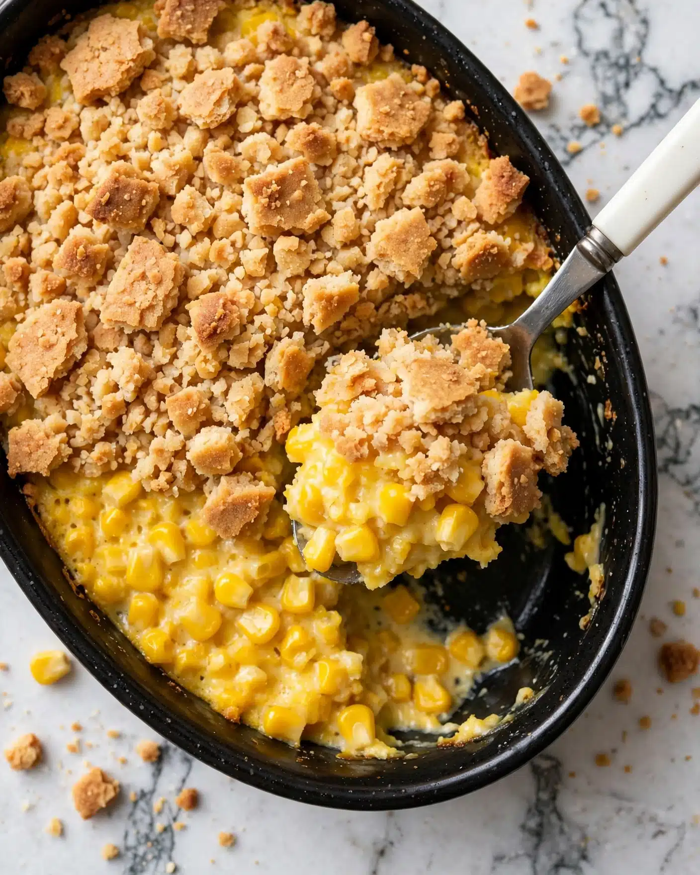 The image shows a baked casserole in a black oval dish placed on a white marbled surface. The dish has about two main layers: a golden yellow corn layer visible at the bottom and middle, covered by a thick, crumbly, light golden brown cracker topping broken into uneven chunks spread all over the top. A metal spoon with a white handle is scooping out some casserole, revealing the bright yellow corn layer underneath, with the crisp cracker topping resting on the spoon. The texture looks crunchy on top and soft with kernels below. Photo taken with an iphone --ar 4:5 --v 7
