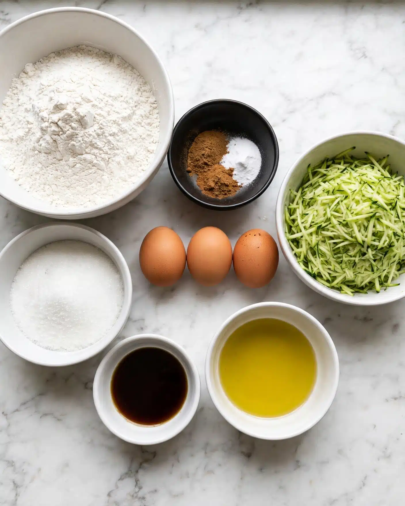 Mom's Zucchini Bread Muffins Recipe 3 The image shows a white marbled surface with seven bowls and three eggs arranged neatly. The largest bowl on the top left is filled with white flour, and to its right is a small black bowl holding brown powder spices and white baking soda. Below the large flour bowl is a white bowl filled with white sugar. Next to it is a smaller white bowl containing dark brown vanilla extract. To the right of the vanilla bowl is a white bowl filled with light yellow oil. On the far right side is a white bowl filled with shredded green zucchini. Three brown eggs are placed neatly between the spices bowl and the shredded zucchini bowl. The whole setup is clean and organized. photo taken with an iphone --ar 4:5 --v 7