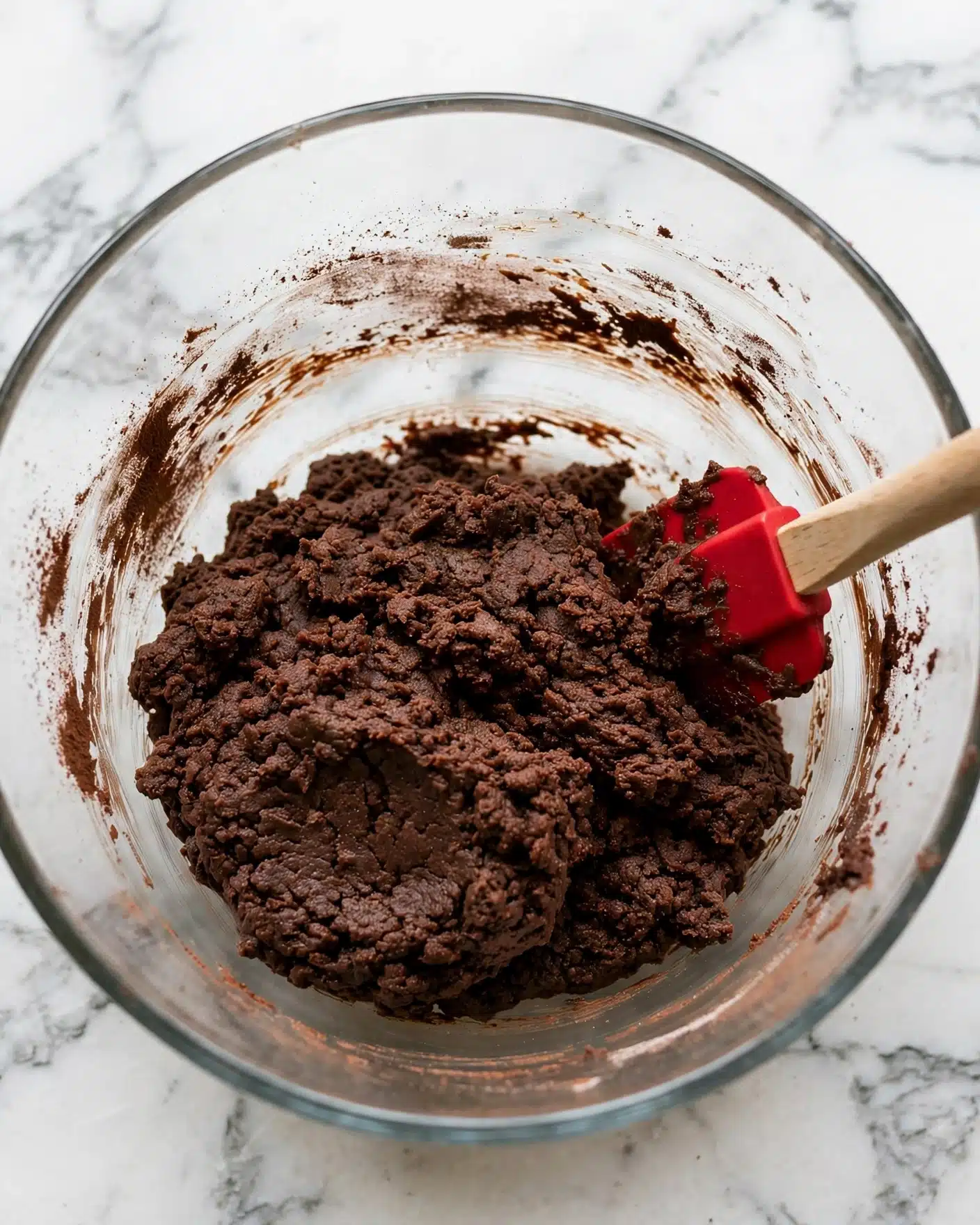 A clear glass bowl holds thick, dark brown chocolate dough with a dense, slightly rough texture. The dough fills most of the bottom part of the bowl and sticks slightly to the sides, showing smears of cocoa powder. A red spatula with a light wooden handle rests on the right side, partially sunk into the dough. The bowl sits on a white marbled surface. photo taken with an iphone --ar 4:5 --v 7