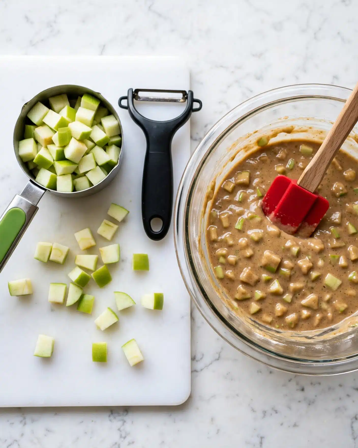 On the left side, there is a white chopping board with several small cubes of peeled green apple, some spread on the board and some held inside a metal measuring cup with a green and silver handle. Next to the cup, there is a black vegetable peeler. On the right side, a clear glass mixing bowl sits on a white marbled surface, filled with light brown batter that has small pieces of green apple mixed in, with a red silicone spatula with a wooden handle resting inside it. photo taken with an iphone --ar 4:5 --v 7