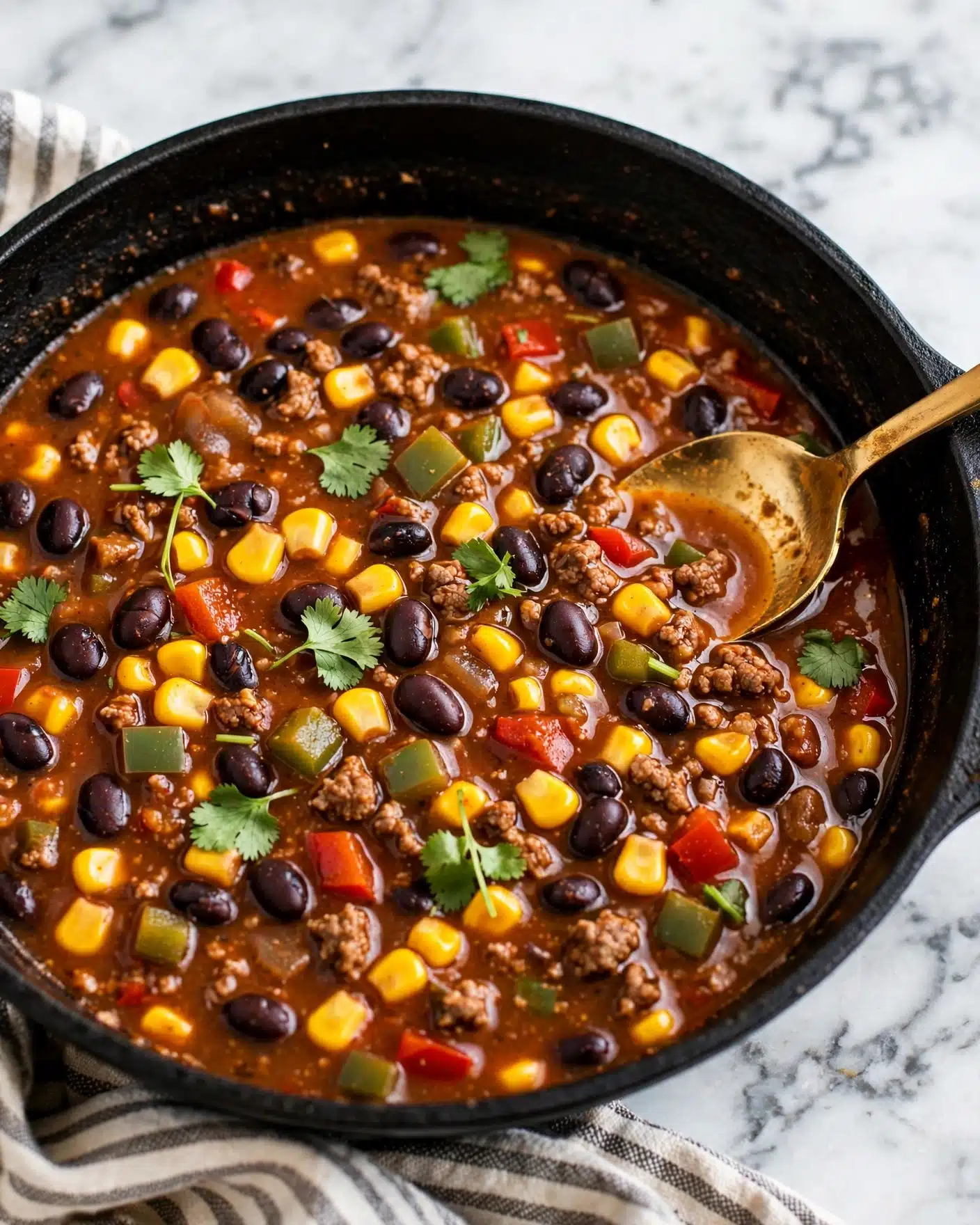 A close-up view of a rich soup in a black pan with a golden spoon resting inside, filled with vibrant layers of ingredients including bright yellow corn kernels, black beans, small chunks of green bell pepper, red bell pepper pieces, and tiny bits of browned cooked meat, all immersed in a thick reddish-brown broth, garnished with fresh green cilantro leaves scattered on top. The pan sits on a white marbled surface with a striped cloth partially visible underneath. Photo taken with an iphone --ar 4:5 --v 7