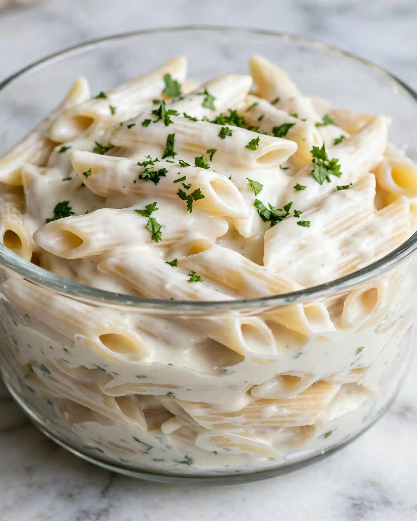 A close-up view of a clear glass bowl filled with creamy white pasta, with about three layers of penne pasta covered evenly in a smooth, thick white sauce. Small pieces of bright green chopped herbs are scattered on top of the pasta, adding color contrast. The bowl sits on a white marbled surface, and the creamy texture and soft shine of the sauce make the dish look rich and tasty. photo taken with an iphone --ar 4:5 --v 7