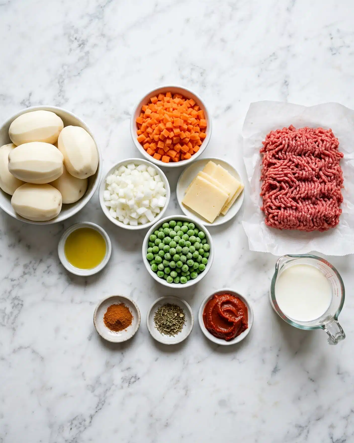 A top-down view of various raw ingredients neatly arranged on a white marbled surface. On the left, peeled whole potatoes sit in a white bowl, next to a small dish of golden liquid. In the center, there are small bowls with chopped orange carrots, diced white onions, frozen green peas, slices of pale yellow cheese, and a few dishes holding seasoning powders and dried herbs. To the right, a mound of fresh raw ground meat is placed on a piece of white paper, beside a small measuring cup filled with white milk. The colors range from the white of the potatoes, onion, and milk; the orange of carrots and tomato paste; green peas; red ground meat; and the pale yellow of cheese. photo taken with an iphone --ar 4:5 --v 7