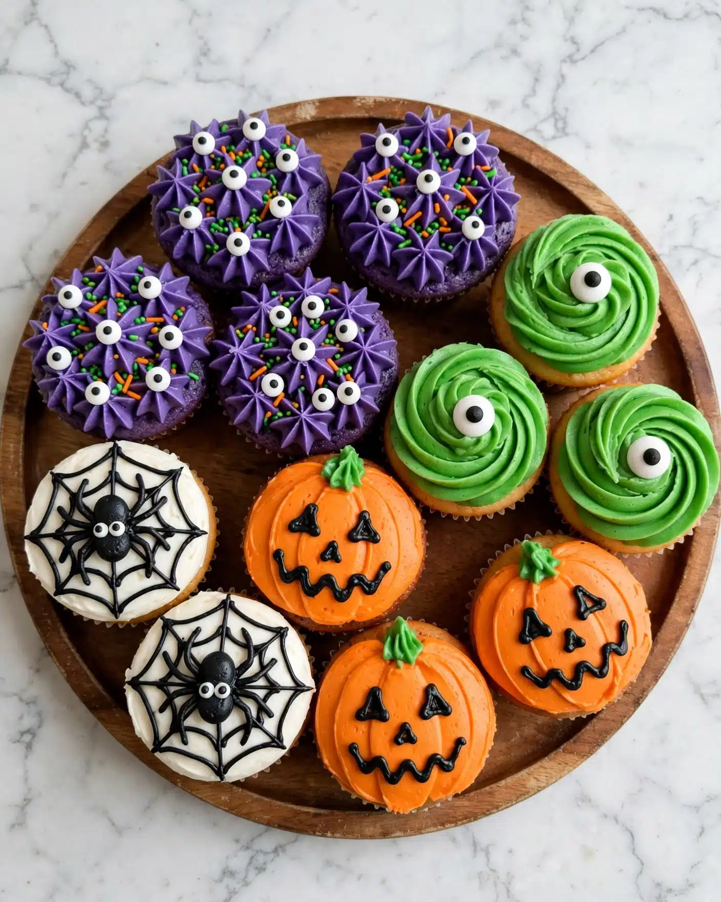 A round wooden tray holds twelve Halloween-themed cupcakes arranged closely together. There are four purple cupcakes with star-shaped frosting topped with multiple small white candy eyes with black pupils, some with green and orange sprinkles mixed in. Three cupcakes have bright green swirled frosting with one white candy eyeball placed on top at the center. Three cupcakes are decorated like orange pumpkins, with smooth orange frosting, small green stems on top, and black icing forming triangle eyes, noses, and wavy mouths. Two cupcakes have smooth white frosting with black icing creating spider webs and a detailed black spider with white and black eyes in the center. The entire arrangement sits on a white marbled surface. photo taken with an iphone --ar 4:5 --v 7