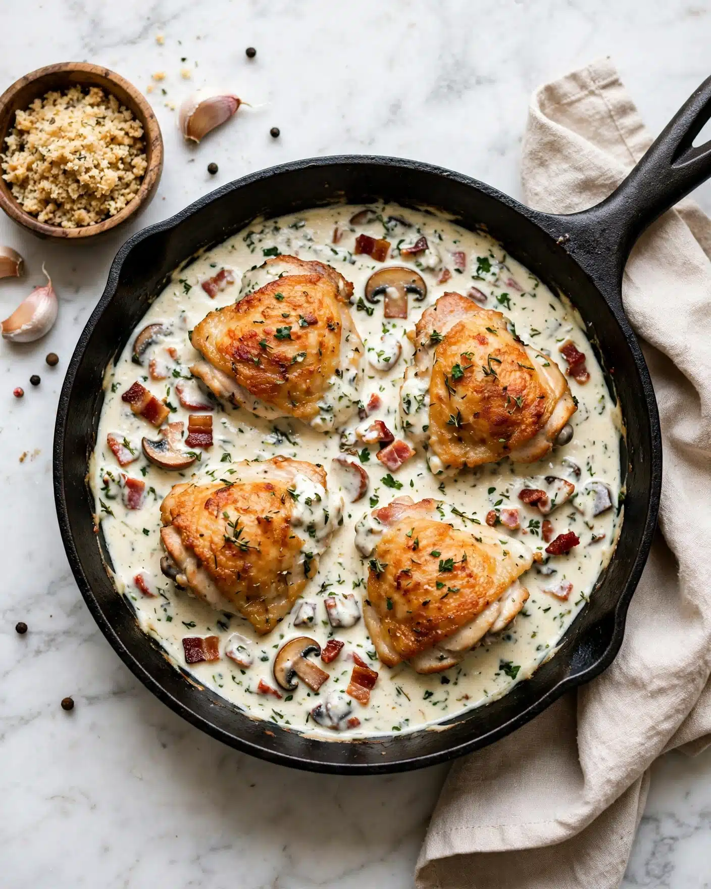 The image shows a black cast iron skillet filled with four golden brown cooked chicken pieces in a thick creamy white sauce with green herbs and small bits of reddish-brown mushrooms or bacon scattered all over. The sauce has a slightly textured look with visible herbs and chunks. The skillet is placed on a white marbled surface with a beige cloth napkin under its handle. To the left, there is a small wooden bowl with a crumbly topping, possibly cheese or seasoning, and a couple of garlic cloves and peppercorns scattered around. Photo taken with an iphone --ar 4:5 --v 7