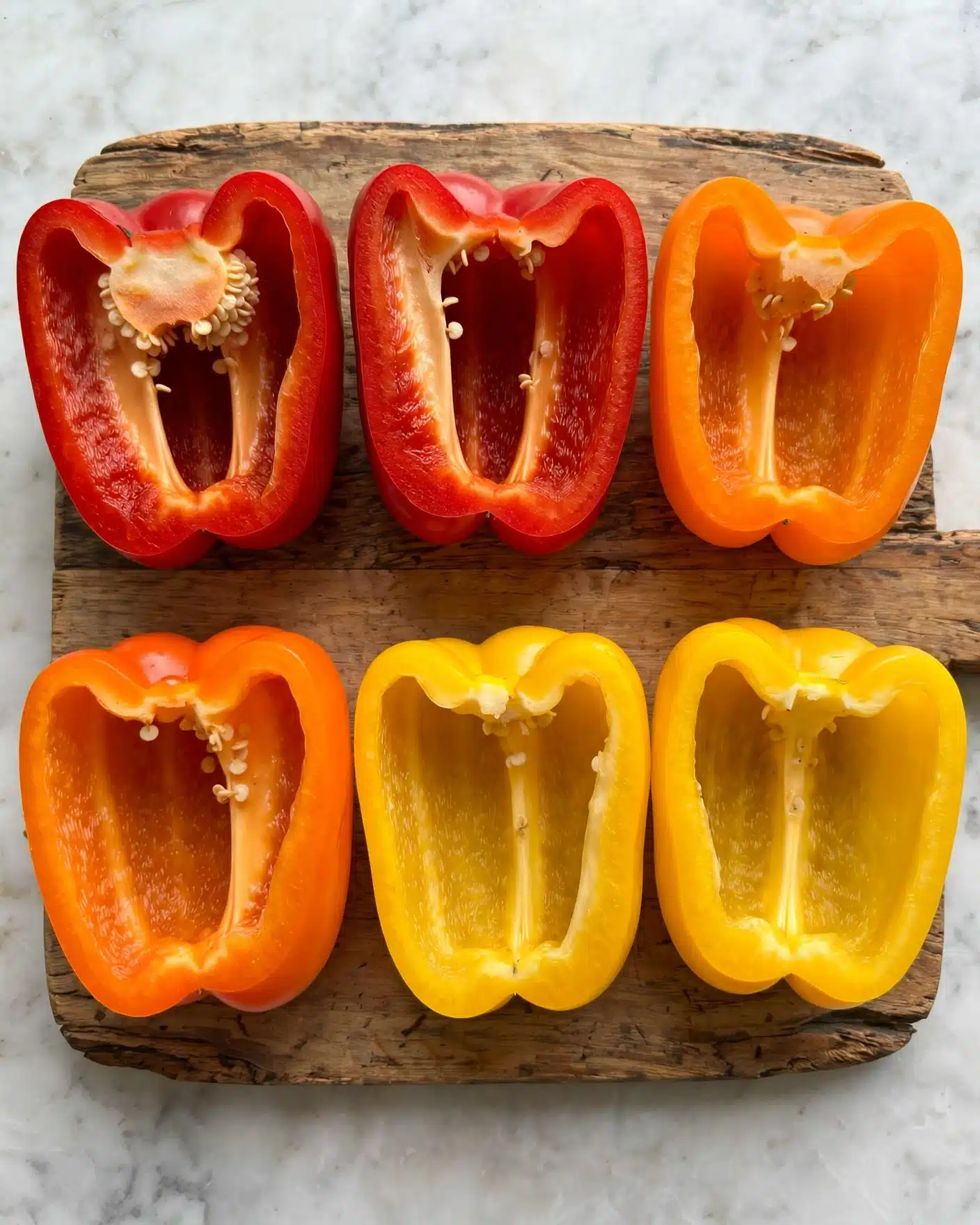 Cheesy Stuffed Bell Peppers with Ground Beef and Rice Recipe 4 Six bell pepper halves are arranged in two rows on a wooden board placed on a white marbled surface. The top row has two red pepper halves on the left and one orange pepper half on the right, each hollow and showing the inner texture. The bottom row features one orange pepper half on the left and two yellow pepper halves on the right, all hollow with a smooth, shiny surface. The peppers have a glossy look and their vivid colors contrast with the rustic wooden board beneath them. photo taken with an iphone --ar 4:5 --v 7