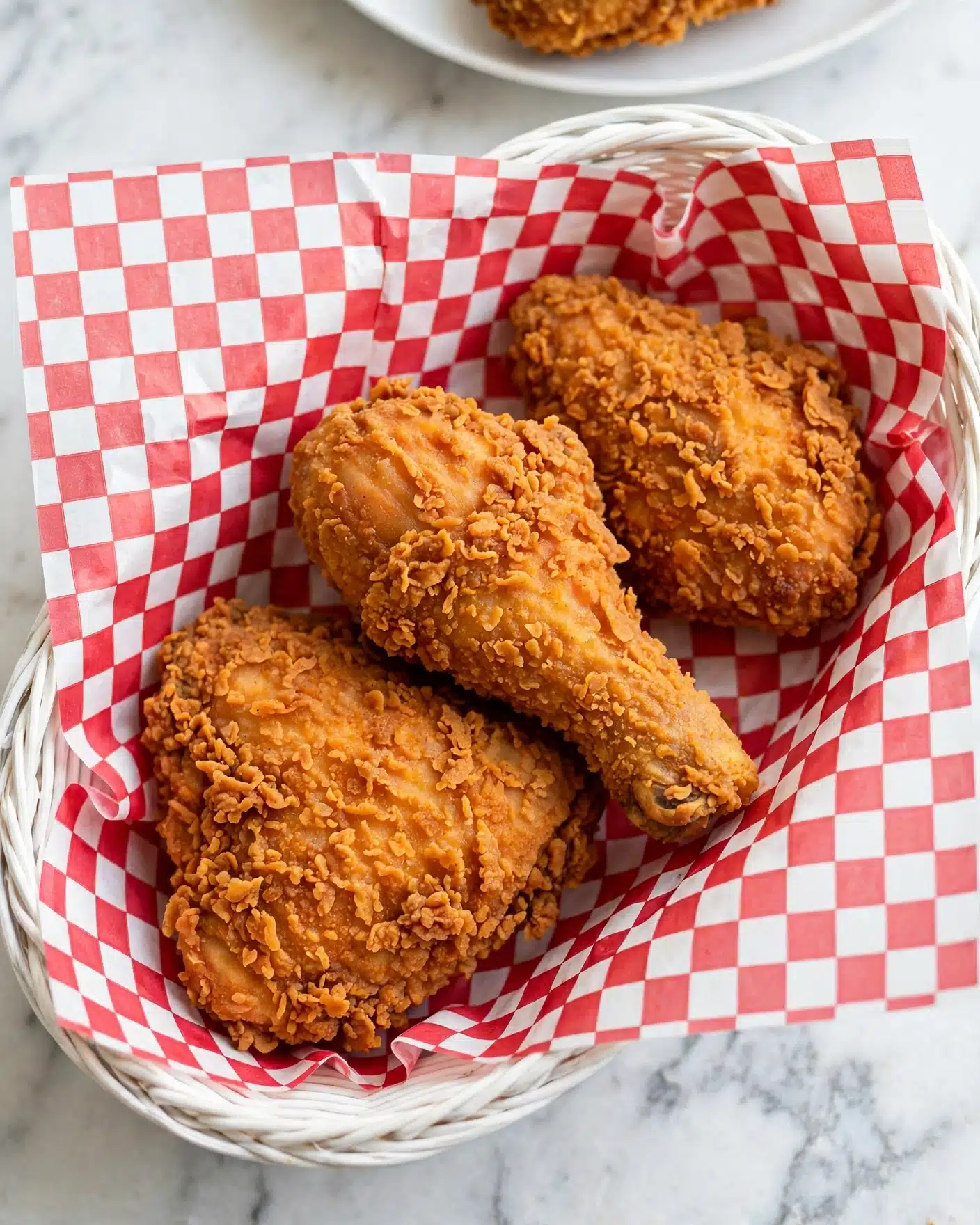 Oven Fried Chicken Recipe 5 The image shows a white basket lined with red and white checkered paper holding three large pieces of golden brown fried chicken. Each chicken piece has a rough, crunchy texture with a mix of small and medium bread crumbs and a rich orange-gold crisp color. The basket sits on a white marbled surface, with a glimpse of a white plate with part of another fried chicken piece on the top edge of the image. The scene is well lit with clear details highlighting the crunchy coating photo taken with an iphone --ar 4:5 --v 7
