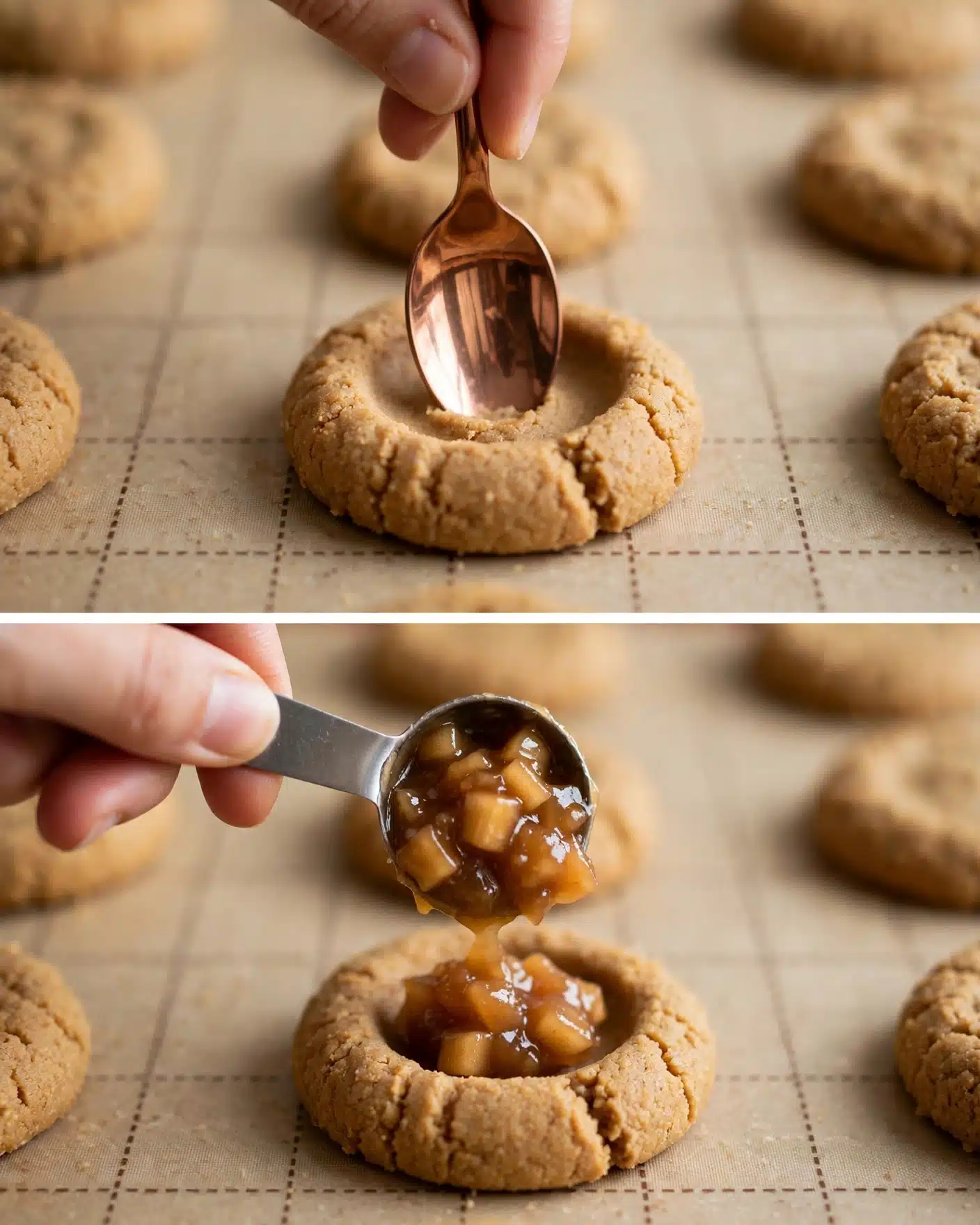 The image shows two close-up views of a soft, round, light brown cookie with a textured surface placed on a beige baking mat featuring a grid pattern. In the first part, a woman's hand holds a shiny copper spoon pressing into the center of the cookie, forming a shallow well. In the second part, a woman's hand holds a small metal measuring spoon filled with chunky, caramel-colored apple filling, dropping it carefully into the center well of the cookie. Around the main cookie, there are other cookies slightly out of focus on the same baking mat. photo taken with an iphone --ar 4:5 --v 7