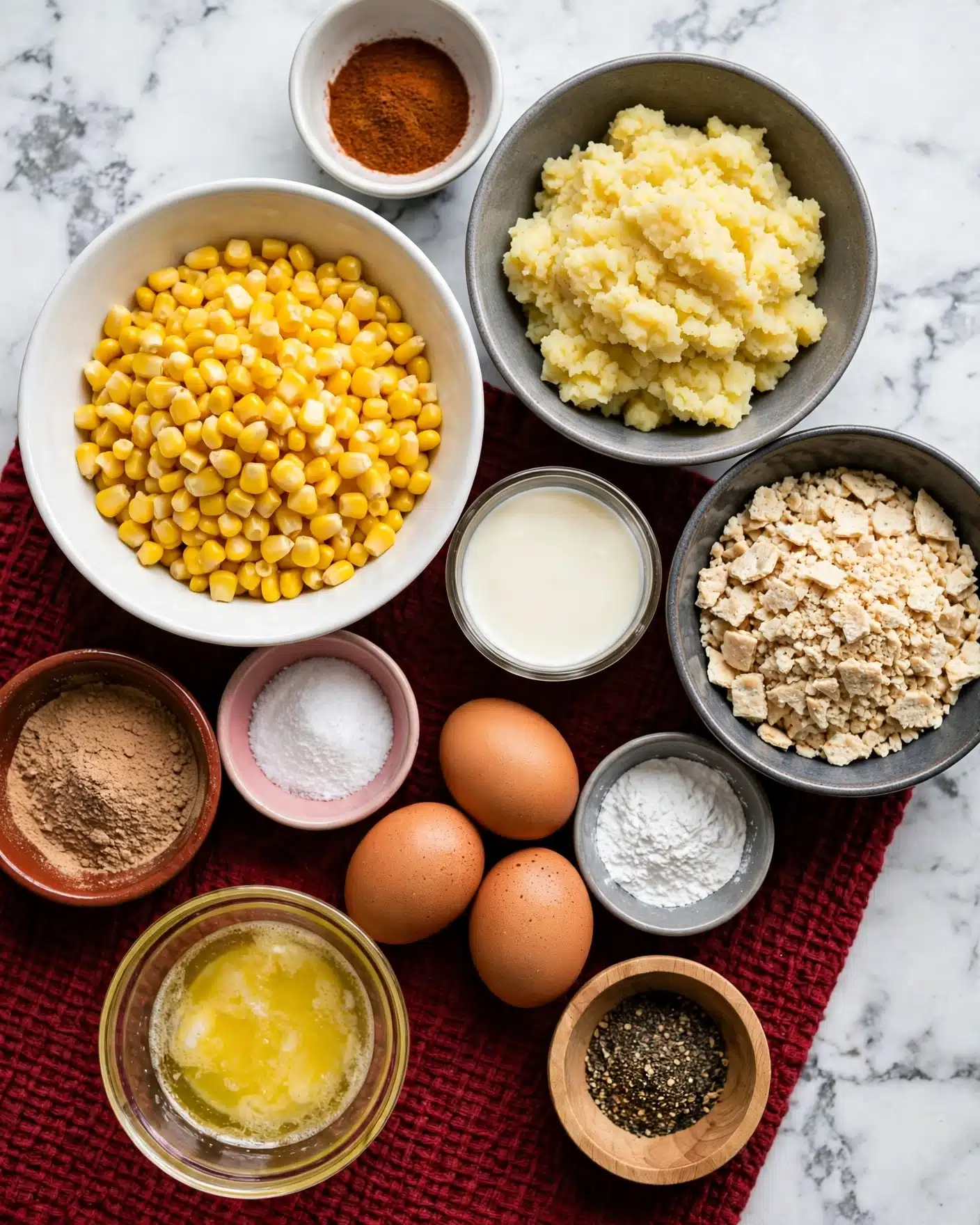 The image shows several bowls and small dishes of ingredients arranged on a dark red textured surface. In the center-left, there is a white bowl filled with bright yellow corn kernels. To the top right, there is a grey bowl containing a pale yellow, chunky mashed mixture. Below it, a dark grey bowl holds crushed beige crackers. Between these bowls, there is a clear small container filled with a creamy white liquid. Three brown eggs are placed near the center bottom. Around these main items, there are small bowls with different powders and seasonings: a light brown powder in a reddish-brown bowl, a fine white powder in a small pink bowl, a white powder in a grey bowl, a dark coarse-ground spice in a light wooden bowl, and a reddish-brown powder in a white bowl at the top. Additionally, a glass bowl with melted butter or oil sits at the bottom left. The background is a white marbled texture. photo taken with an iphone --ar 4:5 --v 7