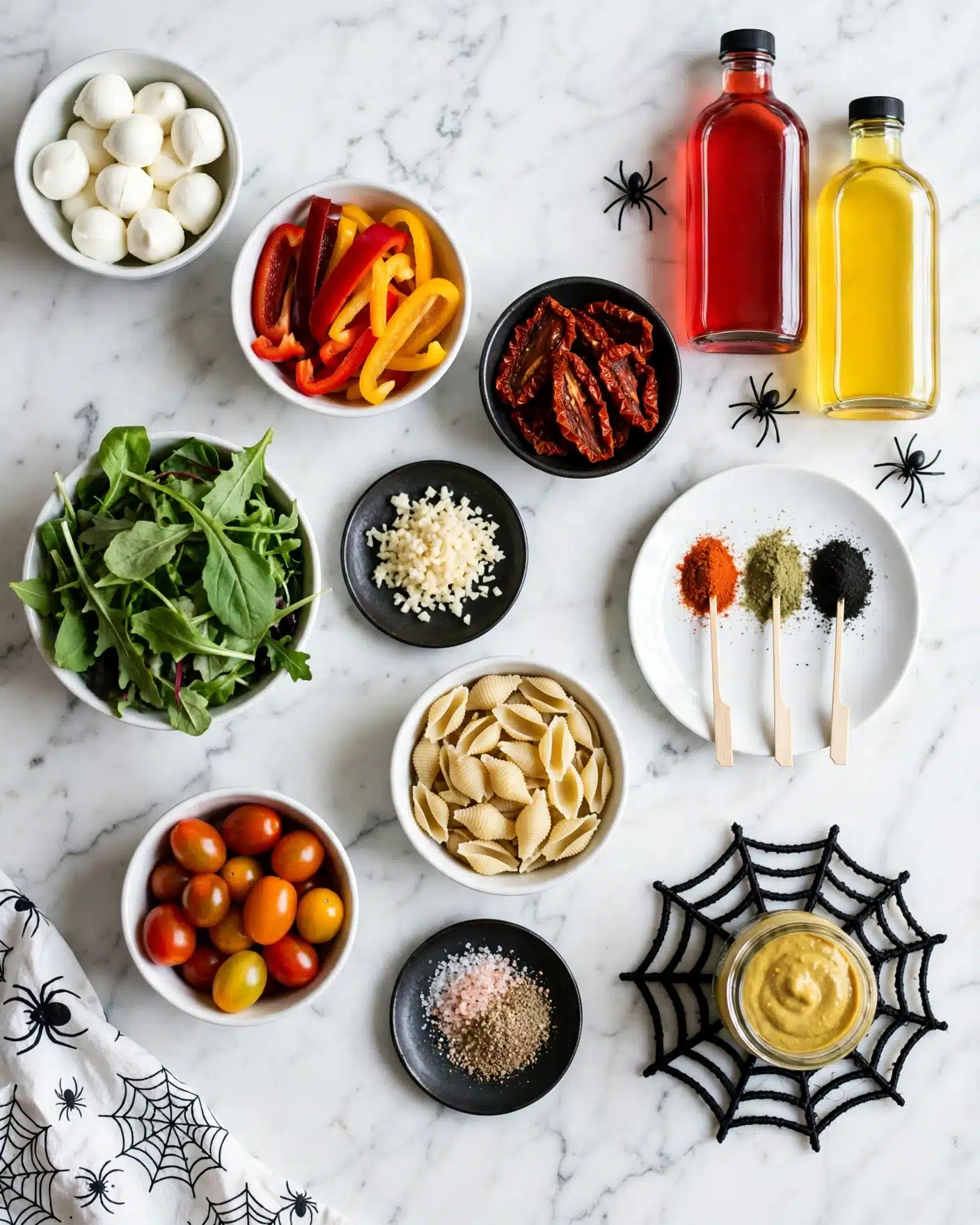 A top-down view of an arrangement of small bowls and jars on a white marbled surface, each containing different food ingredients. There are eleven containers in total: a white bowl with small white mozzarella balls in the top left, a white bowl with dark red and yellow sliced peppers above center, a white bowl below center filled with small pasta shells, a white bowl with mixed-color grape tomatoes near the bottom left, and a white bowl containing green salad leaves to the left center. Two small dark plates, one with minced garlic near the center and the other with salt and mixed ground spices near the bottom center, sit among the bowls. Additionally, there is a white plate with three small skewers holding red, green, and black seasoning powders on the upper right side, a dark bowl with sun-dried tomato pieces to the right of the peppers, a small jar with mustard near the bottom right placed in a black spider web coaster, and two glass bottles filled with red and yellow liquids placed at the top right with black spider decorations around them. A corner of a white cloth with black spider prints is visible in the bottom left corner. photo taken with an iphone --ar 4:5 --v 7