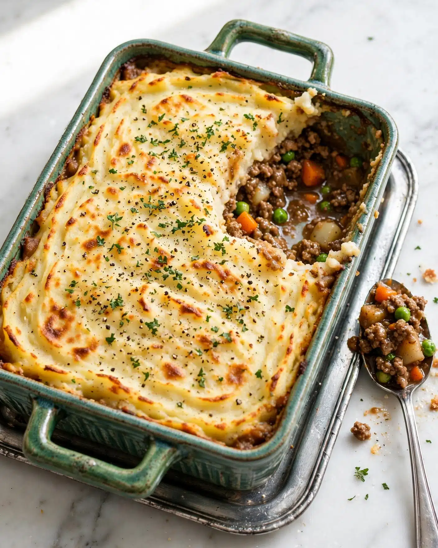 A rectangular casserole with green handles holds a shepherd's pie with two layers. The top layer is golden and creamy mashed potatoes, spread thick with small browned spots and sprinkled with chopped green herbs and black pepper. The bottom layer is a rich, chunky mixture of brown ground meat, orange carrot pieces, green peas, and small whitish chunks in a dark brown sauce. A wedge of the dish has been scooped out from one corner, revealing the filling below the smooth mashed potato top. The casserole sits on a white marbled surface with a silver tray underneath and a spoon with some filling on the side. Photo taken with an iphone --ar 4:5 --v 7