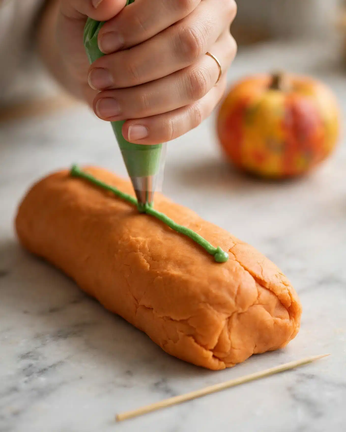 A woman's hand is gently pressing a green line of icing onto the top center of a single orange dough log that is longer than wide, placed on a white marbled surface. The dough log has a smooth texture with subtle creases on the sides. In the background, slightly blurred, there is a small orange pumpkin with yellow and red patches sitting on the white marbled surface. A thin wooden skewer lies near the dough log on the same surface. The overall color tones are warm and soft with natural lighting. photo taken with an iphone --ar 4:5 --v 7