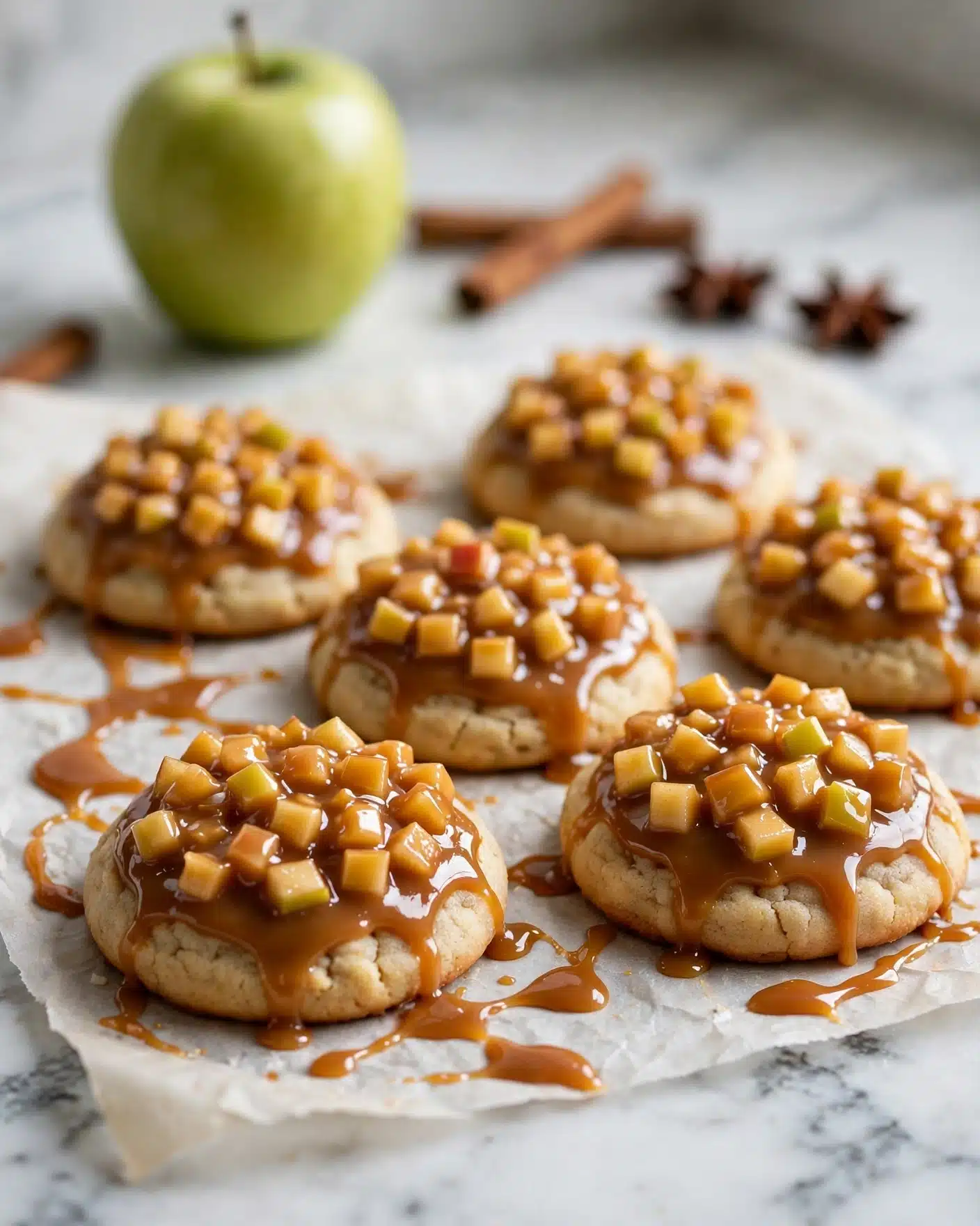 The image shows several round cookies with a light golden-brown base layer that looks soft and slightly chewy. On top of each cookie is a thick, glossy layer of caramel-colored topping filled with small diced pieces of apple, creating a textured look. The cookies are arranged on a sheet with some caramel sauce drizzled around them. In the background, a green apple and some cinnamon sticks and star anise are slightly blurred. The surface beneath everything is a white marbled texture. Photo taken with an iphone --ar 4:5 --v 7