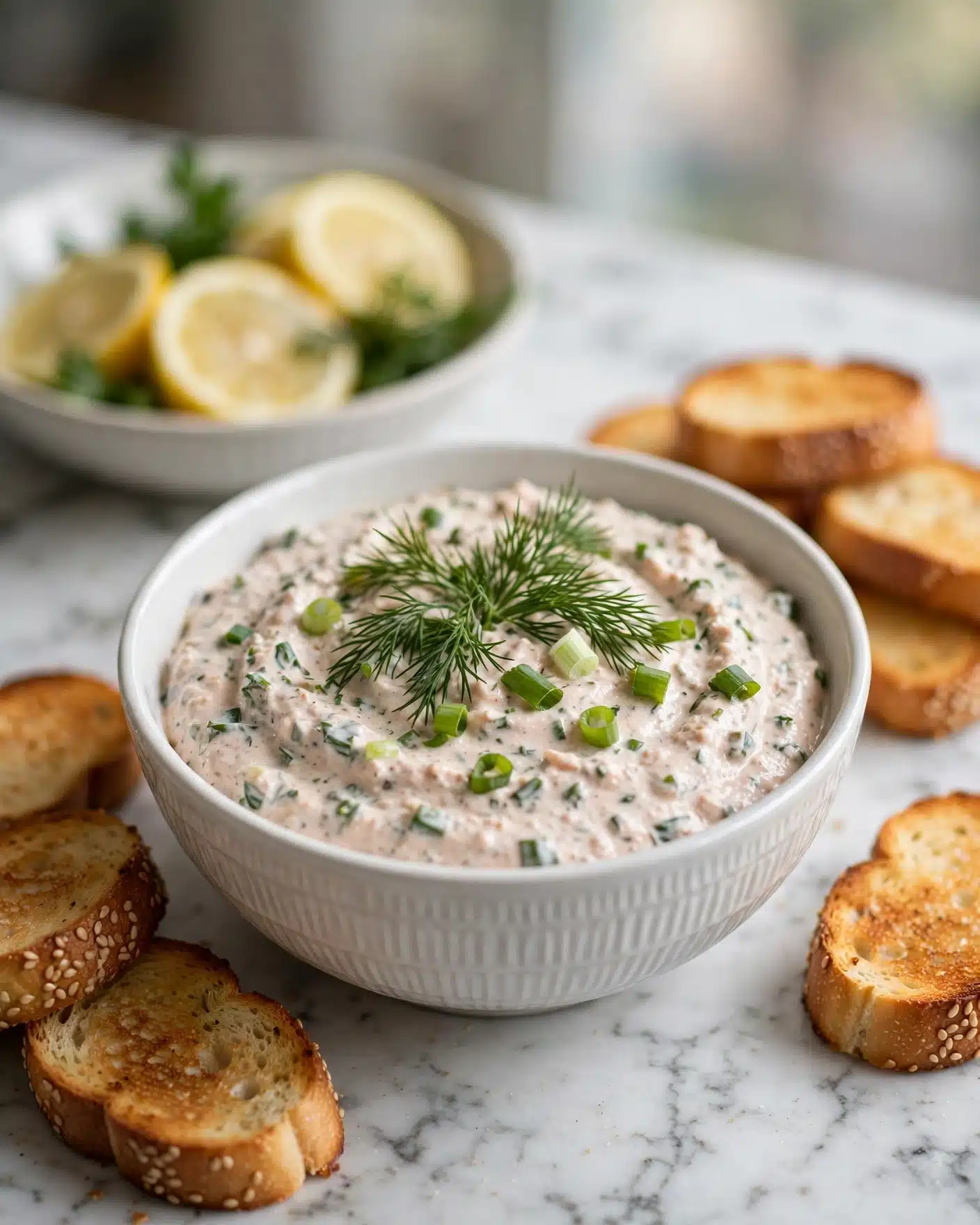 Smoked Salmon Dip with Everything Bagel Chips Recipe 5 A white bowl with a textured pattern is filled with a thick, creamy dip that has a light pinkish-beige color, mixed with small green onion pieces and herbs, topped with fresh green dill and more chopped green onions. The bowl sits on a white marbled surface and is surrounded by golden-brown toasted sesame bread slices. In the blurred background, there is a white bowl with lemon slices and some green herbs. Photo taken with an iphone --ar 4:5 --v 7