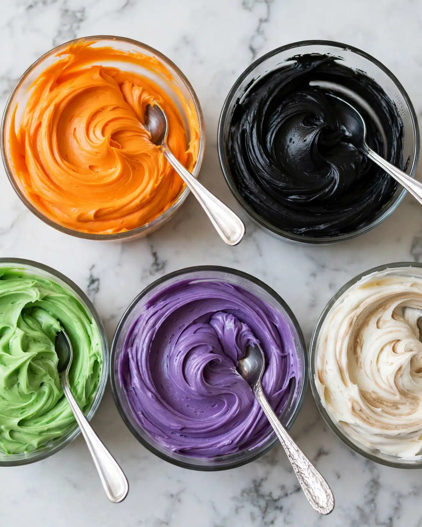 Five clear glass bowls filled with thick, smooth frosting are arranged on a white marbled surface. The top row has two bowls: the left one holds bright orange frosting with visible swirls, and the right one contains deep black frosting with a rich, creamy texture. Below, three bowls form a row: on the left is bright green frosting with soft peaks, in the middle is vibrant purple frosting swirling smoothly, and on the right is creamy white frosting with some light tan shades. Each bowl has a silver spoon resting in it. photo taken with an iphone --ar 4:5 --v 7