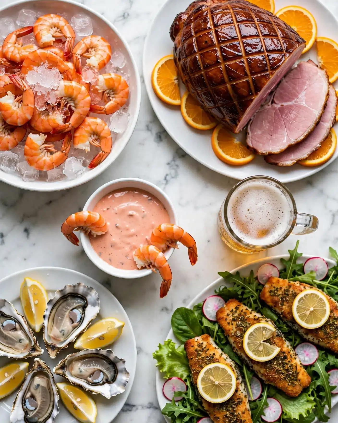 The image shows a white bowl full of bright orange cooked shrimp on a bed of crushed ice in the top left, next to a white plate on the right with a large roasted ham that has a shiny, dark brown cross-hatched crust and two thick slices cut from it, garnished with orange slices. Below the shrimp is a white bowl of pink dipping sauce with two shrimp hanging on the edge. On the bottom left, there is a white plate displaying several open oyster shells with grayish-white flesh and lemon wedges. In the bottom right is a bed of fresh green leafy vegetables topped with three golden-brown herb-crusted fish fillets, each decorated with a small lemon slice and surrounded by radish slices. The whole scene rests on a white marbled surface with a clear glass mug of frothy beer near the ham. Photo taken with an iphone --ar 4:5 --v 7