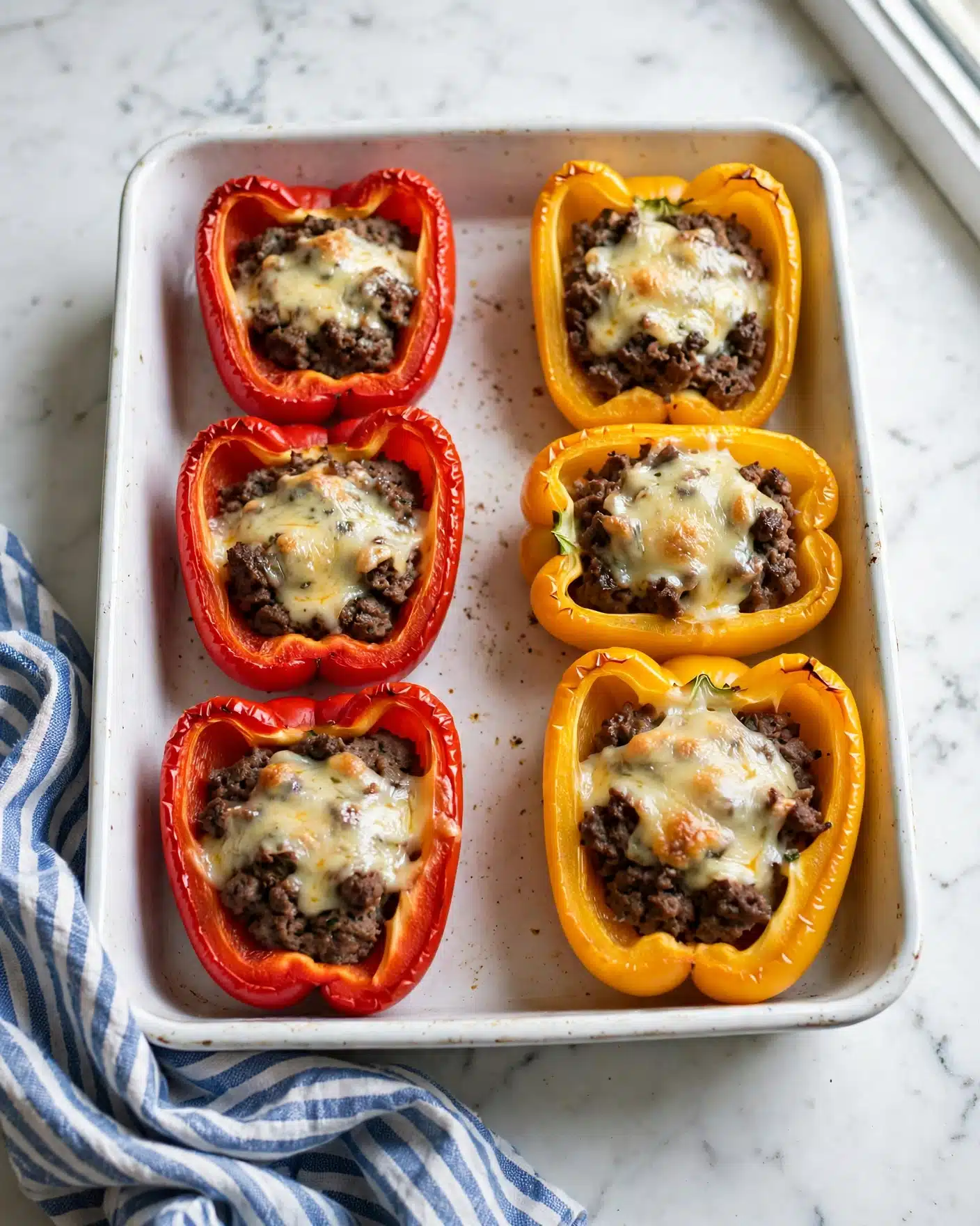 Cheesy Stuffed Bell Peppers with Ground Beef and Rice Recipe 5 The image shows six bell pepper halves, three red and three yellow, arranged in a white baking dish on a white marbled surface. Each pepper half is filled with a dark brown ground meat mixture topped with melted, light creamy yellow cheese that covers the filling unevenly. The peppers appear tender with a slightly wrinkled texture, indicating they are baked. Part of a blue and white striped cloth is visible near the dish. The lighting highlights the glossy cheese and the juicy texture of the meat, with soft shadows that add depth to the scene. Photo taken with an iphone --ar 4:5 --v 7