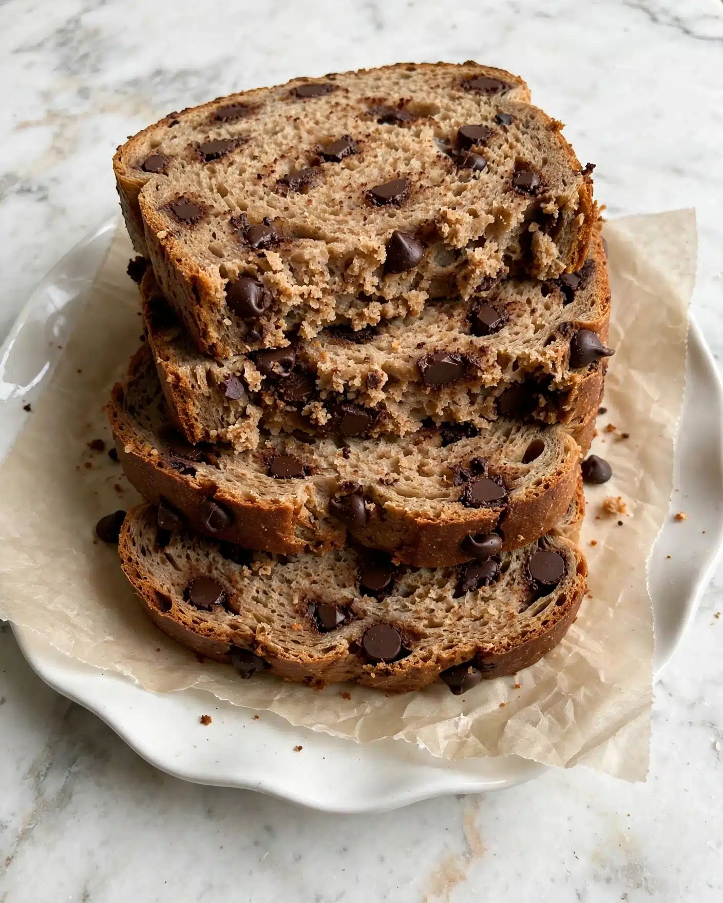 My Best Pumpkin Bread Recipe 5 Several thick slices of brown bread with dark chocolate chips mixed inside are stacked closely on a piece of light parchment paper, which lies in a white plate with a wavy edge. The bread has a soft, moist texture with chocolate chips scattered unevenly throughout each slice. The outer crust is slightly darker and firm, while the inside looks tender and slightly crumbly. The plate rests on a white marbled surface. photo taken with an iphone --ar 4:5 --v 7
