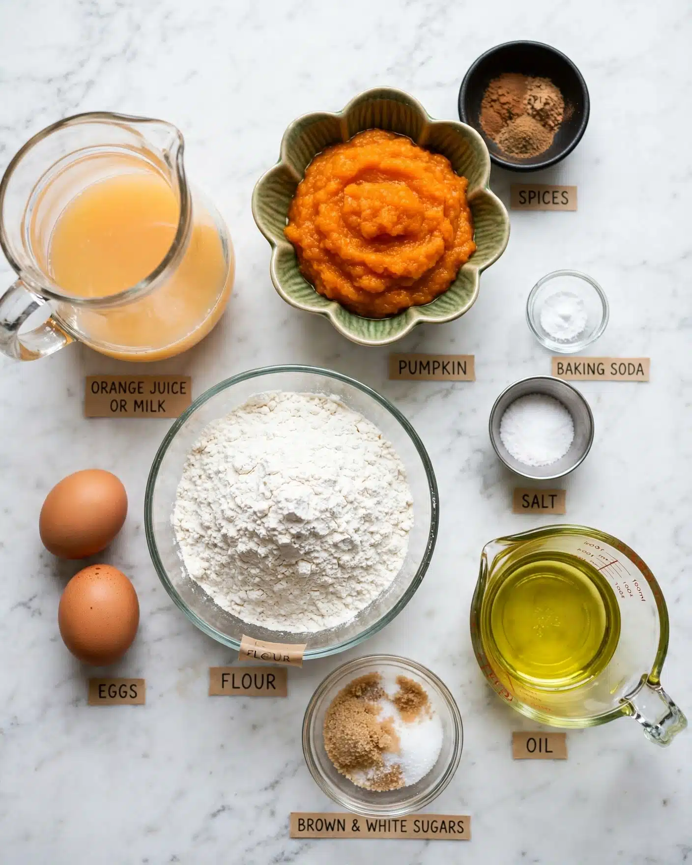 My Best Pumpkin Bread Recipe 4 The image shows ingredients for a pumpkin recipe arranged neatly on a white marbled surface. At the center bottom is a clear glass bowl filled with a large amount of white flour, labeled