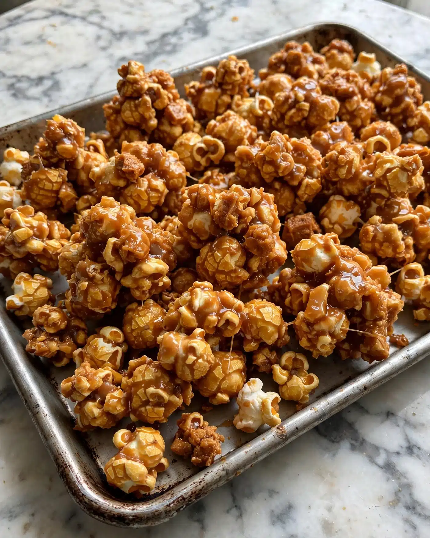The image shows a close-up of a tray filled with clusters of caramel popcorn. The popcorn is golden brown with a shiny, sticky caramel coating that covers almost every piece, giving a textured and slightly rough look. The clusters are uneven in size and shape, clumped together tightly on a flat metal tray. The background surface is a white marbled texture. photo taken with an iphone --ar 4:5 --v 7