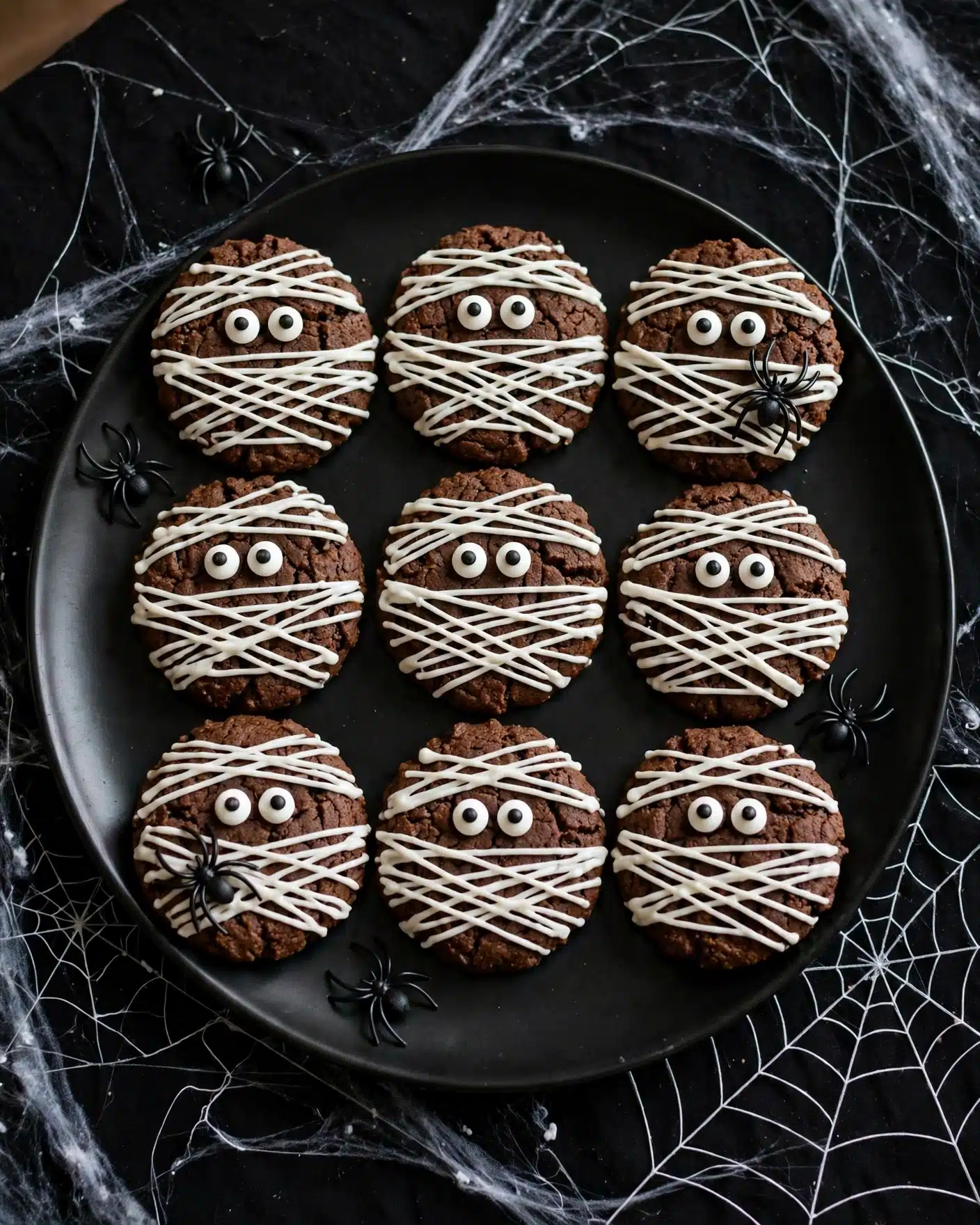 On a black round plate, there are nine dark brown cookies with a rough texture, each decorated to look like a mummy face. White icing is piped in thin strips across each cookie in a crisscross pattern to resemble wrapped bandages, and two small round white candy eyes with black centers are placed near the top center of each cookie. Small black plastic spider decorations are placed on and around some cookies. The plate is set on a black surface decorated with white spider webs. Photo taken with an iphone --ar 4:5 --v 7
