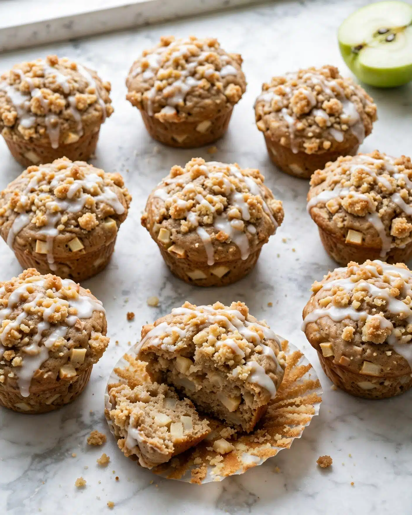 The image shows nine muffins arranged on a white marbled surface, with one muffin unwrapped to display its inside. Each muffin has two visible layers: a bottom layer that is light brown with small chunks of pale fruit, and a top crumb layer that is golden and crumbly with a rough texture. A white glaze is drizzled over the crumb topping, adding a shiny finish. The muffins are slightly irregular in shape, giving a homemade feel. A green apple sliced in half is partly visible in the top right corner of the image. photo taken with an iphone --ar 4:5 --v 7