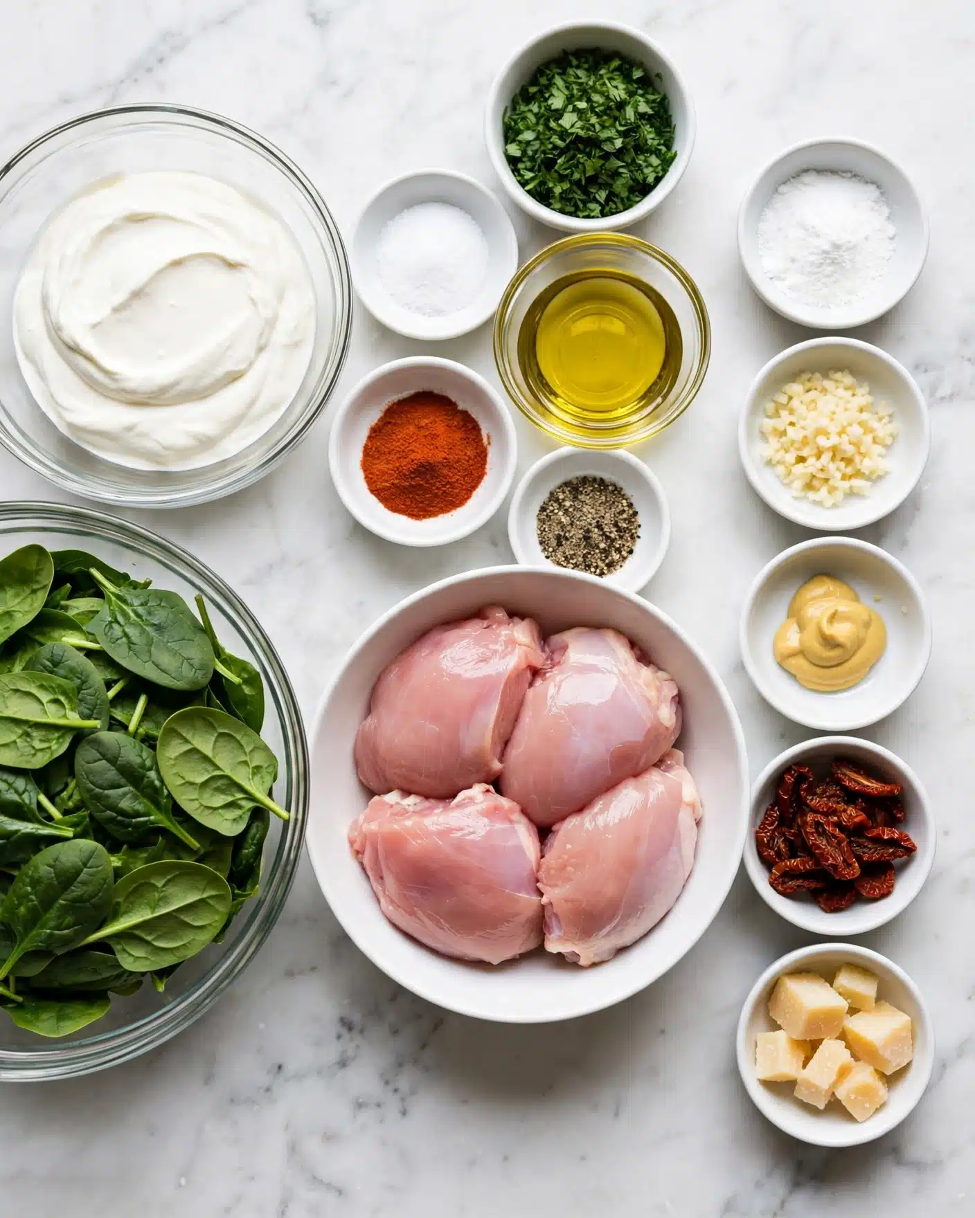 A white bowl holds four raw pink chicken pieces arranged close together. To the left, there is a large clear bowl filled with fresh green spinach leaves, and above it a medium clear bowl with thick white cream. Next to the cream is a small white bowl with chopped green parsley. Below parsley, oil is in a small clear bowl with a yellow tint, surrounded by small white bowls of salt, paprika (reddish powder), and crushed black pepper. To the right of the chicken, small white bowls contain white onion powder, finely chopped garlic, a dollop of yellow Dijon mustard, dark red sun-dried tomatoes, and light yellow Parmesan cheese chunks. All items are placed neatly on a white marbled surface photo taken with an iphone --ar 4:5 --v 7