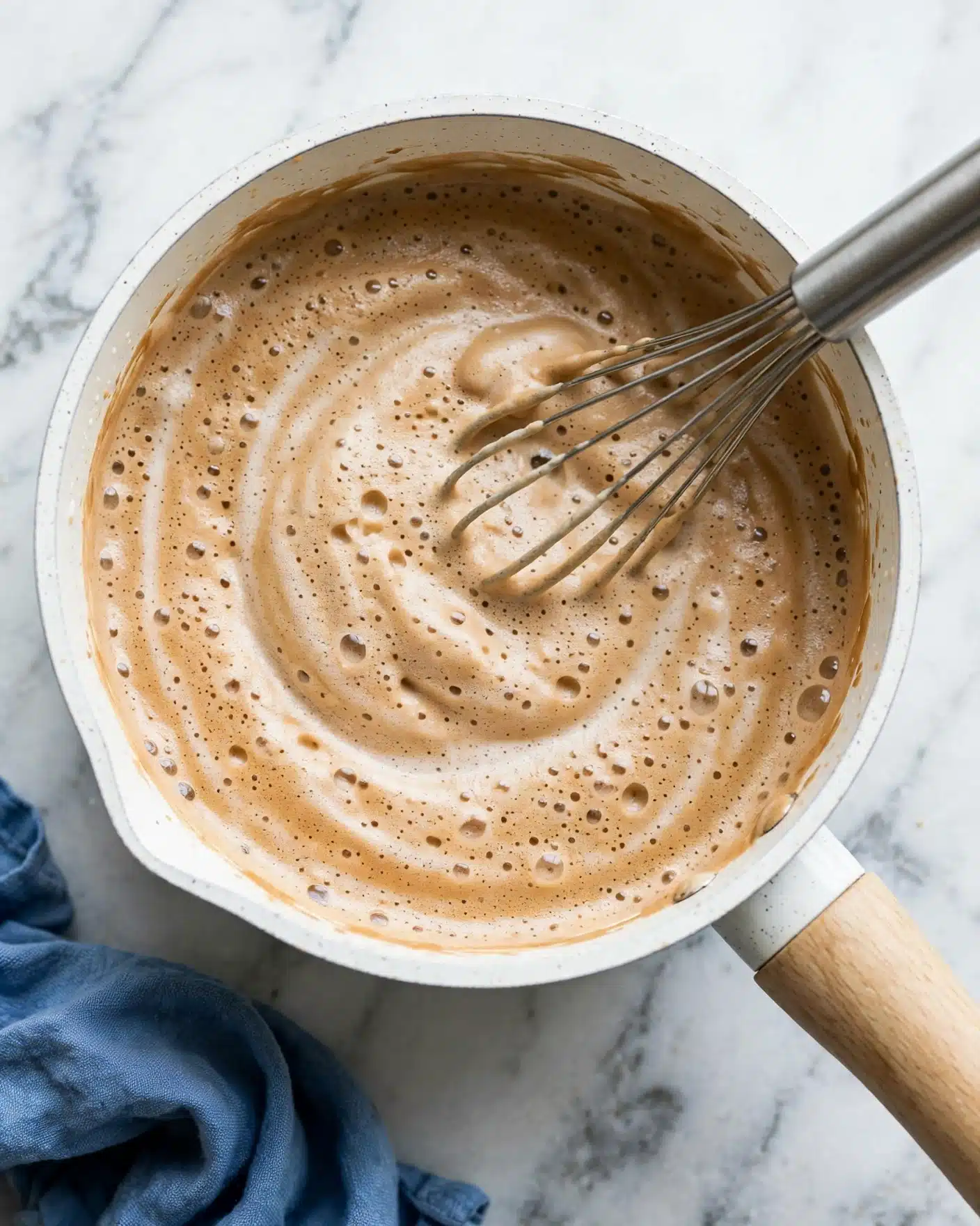The image shows a close-up view of a white saucepan with a light brown, frothy, and bubbly mixture inside, which has a smooth but slightly airy texture. A metal whisk with a silver handle is partially submerged in the mixture, positioned near the upper right side of the pan. The saucepan has a light wooden handle and sits on a white marbled surface. A blue cloth is placed near the bottom left corner of the image. photo taken with an iphone --ar 4:5 --v 7