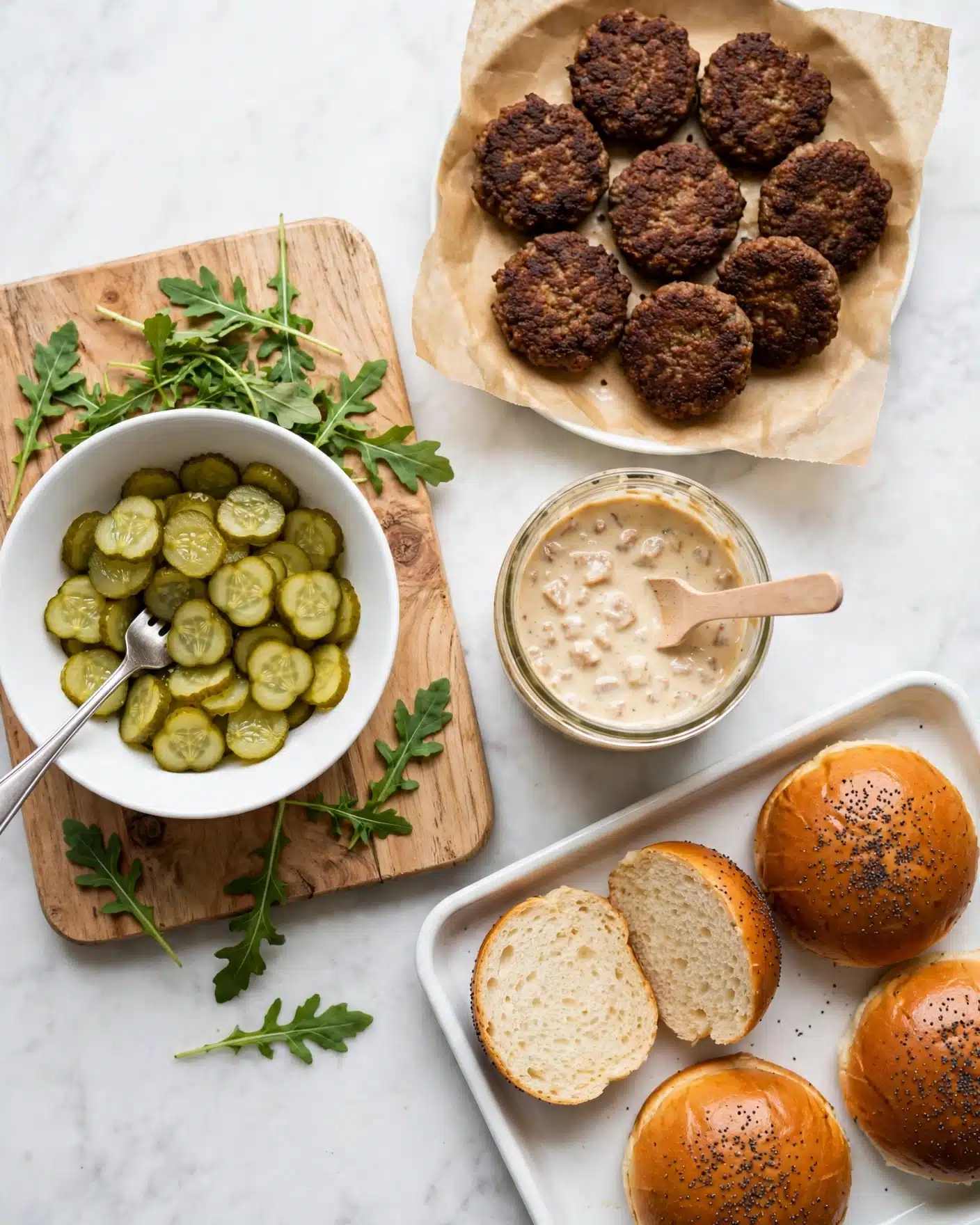 The image shows a white bowl with green sliced pickles and a fork inside, placed on a wooden board with fresh green arugula spread on it. Next to the board, there is a glass jar filled with a creamy, light beige sauce containing small chunky bits, with a light wooden spatula inside. Above the jar, on a white plate lined with brown parchment paper, there are seven dark brown cooked patties with a slightly crispy texture and irregular shapes. In the bottom right corner, there is a white baking tray holding shiny brown burger buns with black poppy seeds on top, some whole and two sliced open, showing a soft light inside. The whole arrangement is set on a flat white marbled surface. photo taken with an iphone --ar 4:5 --v 7