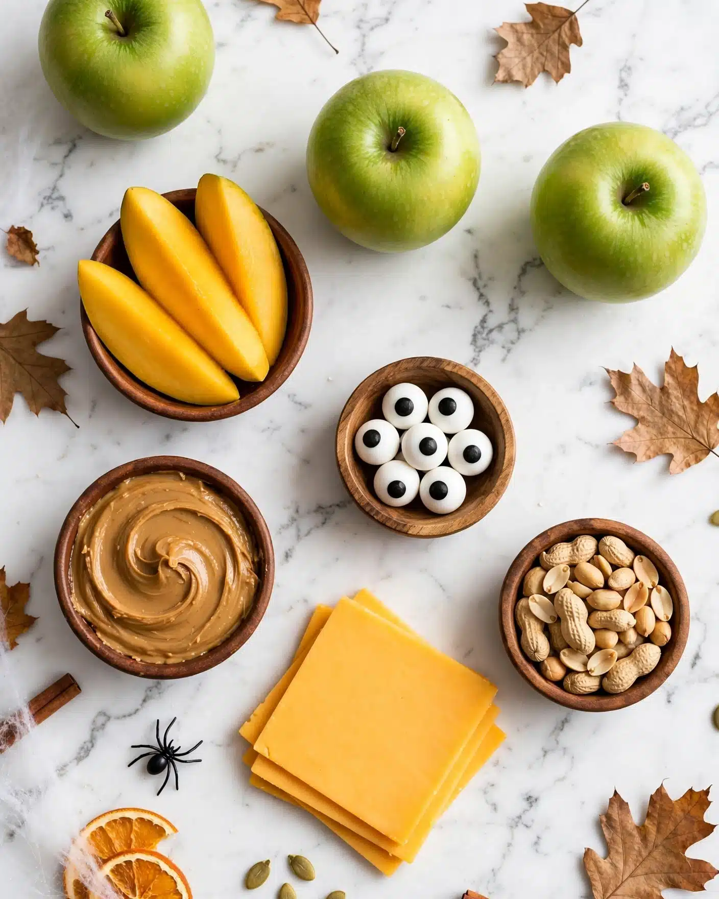 The image shows a rustic wooden table with several items arranged neatly. There are three green apples with smooth green skin placed around the scene. A small brown bowl holds three thick yellow-orange slices of mango. Another small brown bowl is filled with smooth, creamy light brown peanut butter. A few pieces of white candy shaped like eyes with black centers are placed in another small wooden bowl. One more small bowl holds light tan peanuts. Lastly, there is a stack of four bright yellow-orange square slices of cheddar cheese arranged in a slight overlapping pattern near the bottom. The background texture should be changed to white marble instead of wood. photo taken with an iphone --ar 4:5 --v 7