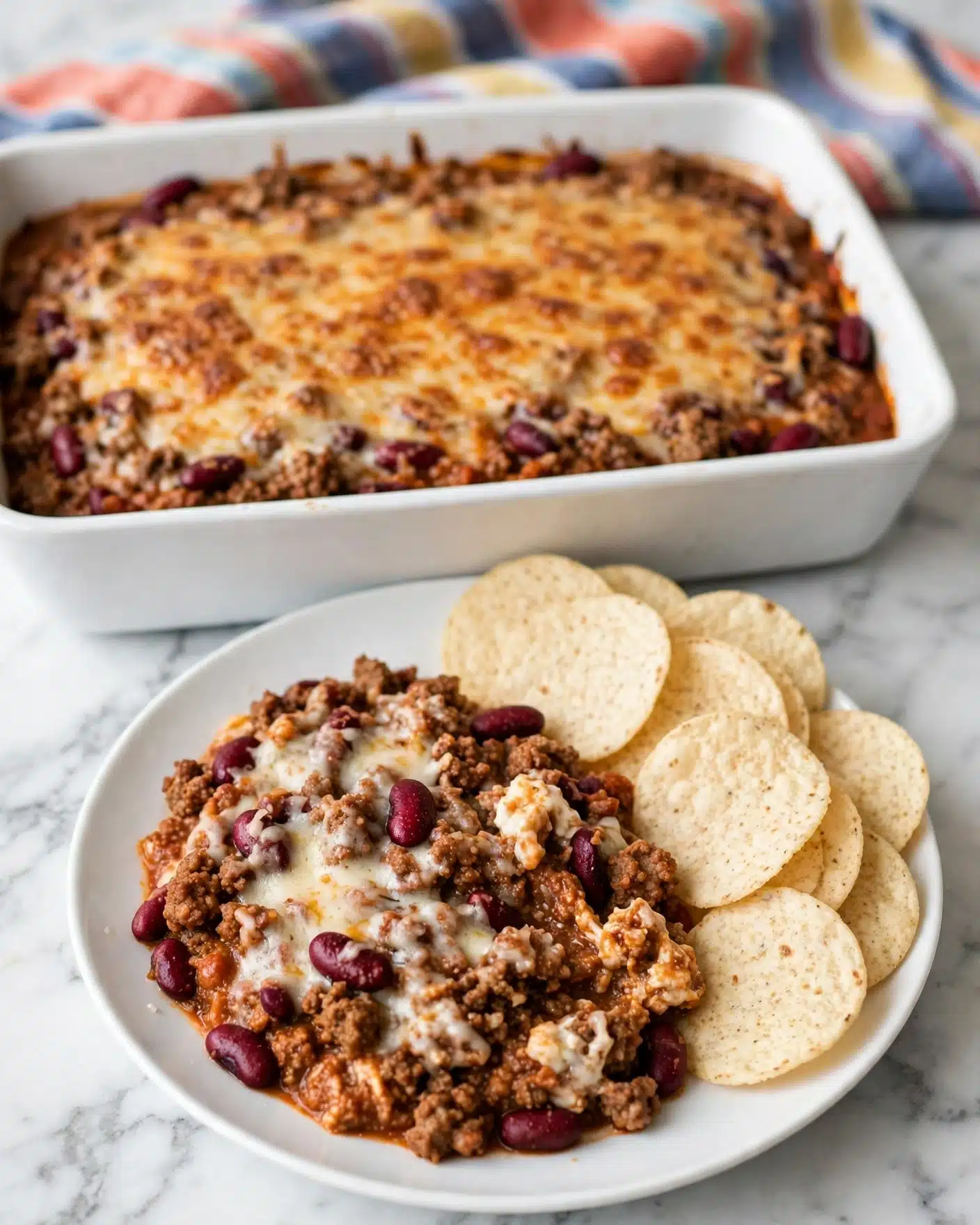 A white plate holds a layered chili dip and some round, light beige tortilla chips on the right side. The chili dip has visible dark red kidney beans, browned cooked meat, and melted white cheese mixed throughout, giving it a textured, hearty look. Behind the plate, there is a large white baking dish with a browned, golden cheese layer on top of more chili dip inside. The background surface is a white marbled texture with a colorful striped cloth slightly blurred behind the baking dish. Photo taken with an iphone --ar 4:5 --v 7