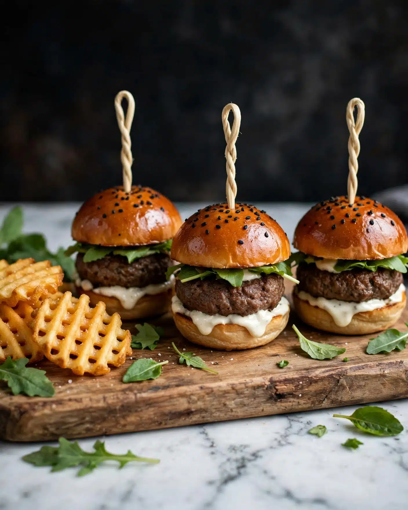 Three small burgers are placed on a wooden board. Each burger has a shiny brown top bun with small black seeds, a layer of green leaves under the top bun, a thick brown meat patty, a white creamy sauce underneath the patty, and a soft, light brown bottom bun. The burgers are held together with light-colored twisted sticks on top. On the left side of the wooden board, there are golden grid-patterned fries, and some green leaves are scattered around the board. The background is dark with a white marbled surface below. Photo taken with an iphone --ar 4:5 --v 7