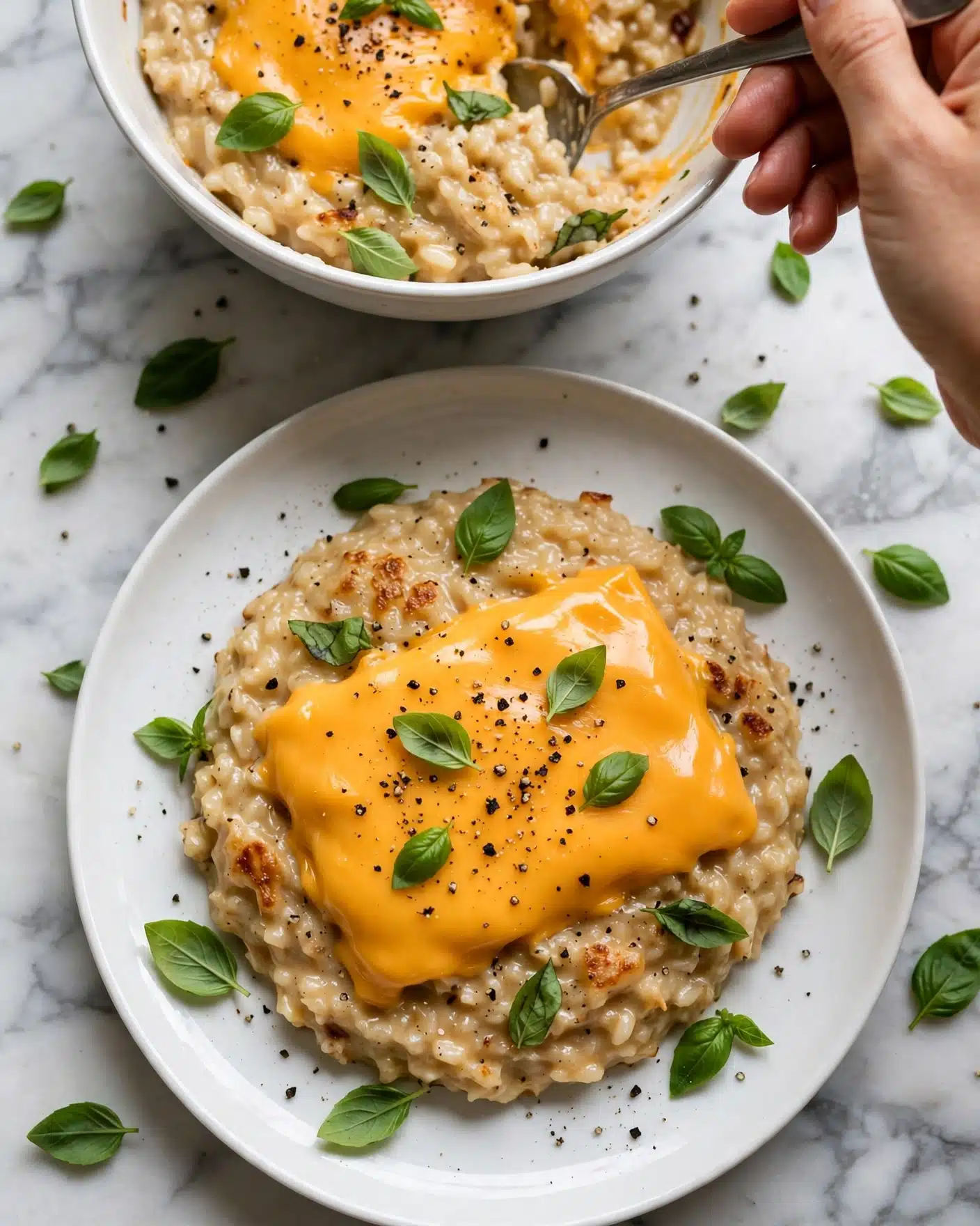 A white round plate holds a single serving of a creamy, slightly browned risotto with a soft texture, topped with a rectangular layer of melted bright orange cheese. The cheese layer is smooth and covers the central part of the risotto. Fresh green basil leaves are scattered over the cheese and around the risotto, adding a vibrant contrast. The dish is sprinkled with coarse black pepper. In the top part of the image, a white bowl containing more of the same risotto with melted cheese is partially visible, with a woman's hand stirring inside. The surface beneath everything is a white marbled texture with a few loose basil leaves scattered around. Photo taken with an iphone --ar 4:5 --v 7