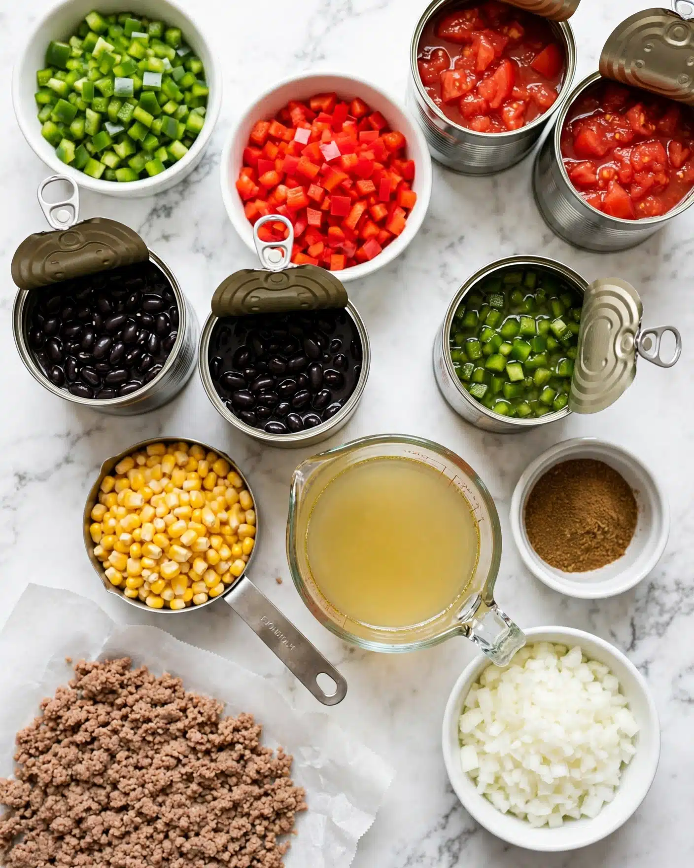 The image shows a top view of various ingredients arranged neatly on a white marbled surface. There are two white bowls at the top left and middle with bright green chopped bell peppers and red chopped bell peppers. Nearby, two opened cans show shiny black beans, and another can has green diced peppers. A small white bowl contains brown spices, and a white bowl is filled with white chopped onions. A metal measuring cup holds yellow corn kernels. At the bottom left, ground meat is spread on white paper. A glass measuring cup with light yellow broth sits near the center. Two open cans at the top right hold chunky red diced tomatoes. The colors are sharply contrasted against the clean white marbled surface, creating a neat and organized look. photo taken with an iphone --ar 4:5 --v 7