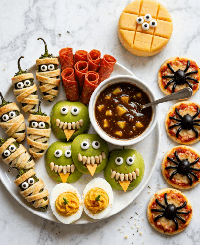 The image shows a white plate with several Halloween-themed snacks arranged neatly on a white marbled surface. On the left, there are six mummy-shaped jalapeños wrapped in light golden pastry, each with two white and black edible eyes, and a green stem sticking out. Next to them is a white bowl filled with dark brown sauce with yellow chunks, a silver spoon resting inside. At the bottom, two halved deviled eggs with orange filling and small green stems on top. In the center, there are five green apple slices turned into monster faces: each slice has two white eyes, a mouth filled with small pointed light nuts resembling teeth, and a yellow triangular tongue. Above these apple monsters are rolled slices of red pepperoni standing vertically in a cluster, with a small black Halloween flag on a stick. At the top right, a round yellow cheese block is scored with a grid pattern and has three small white eyes on it. To the right, there are six mini round pizzas topped with black olive spiders made with whole olives for the body and sliced olives for legs. The white marbled surface contrasts with the colorful snack arrangement. photo taken with an iphone --ar 4:5 --v 7