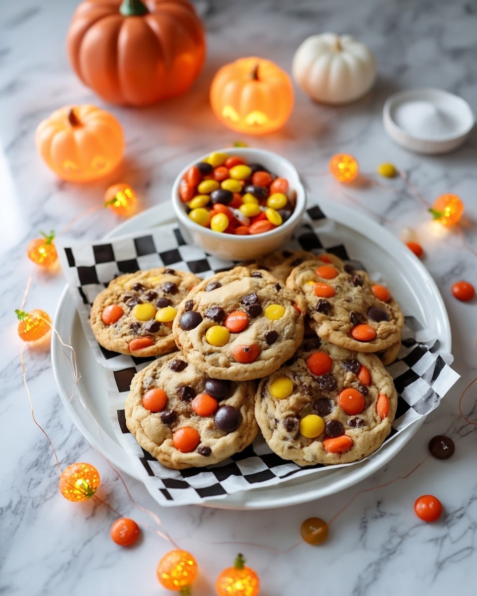 A close-up shot of three cookies stacked unevenly on a white marbled surface, each cookie showing a golden-brown, slightly crispy texture with melted chocolate chunks and colorful orange and yellow candy pieces embedded on top. One cookie at the top has a bite taken out of it, showing a soft yet firm inside. The lighting highlights the sugar crystals sprinkled on the cookie edges, making the texture look rich and inviting. Photo taken with an iphone --ar 4:5 --v 7