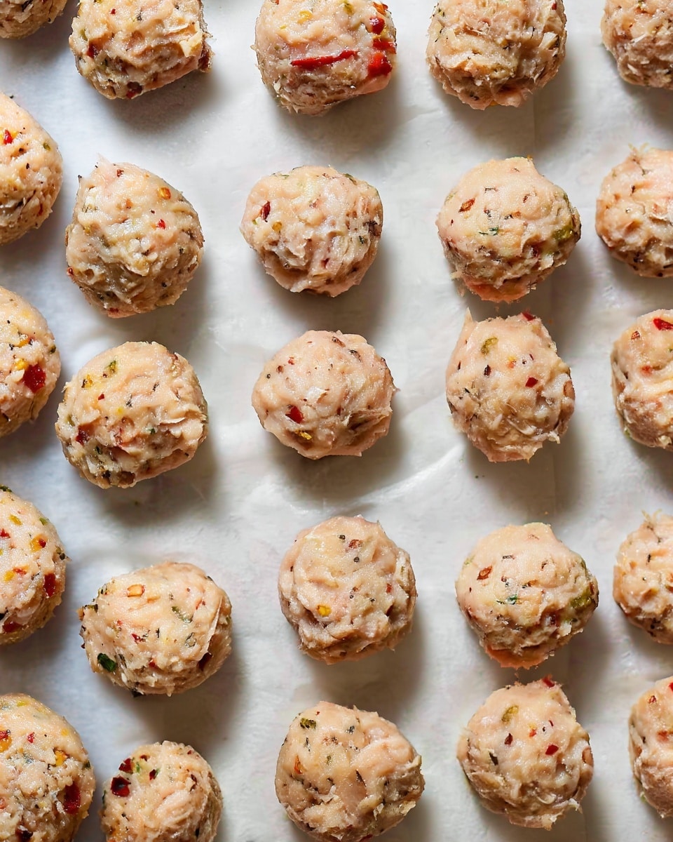 Many raw meatballs, light beige in color with bits of red and green spices mixed in, are evenly spaced in rows on a white parchment paper that covers a flat surface. Each meatball is round and textured, showing some small chunks and flecks throughout. The white marbled background is barely visible around the edges of the parchment paper. photo taken with an iphone --ar 4:5 --v 7