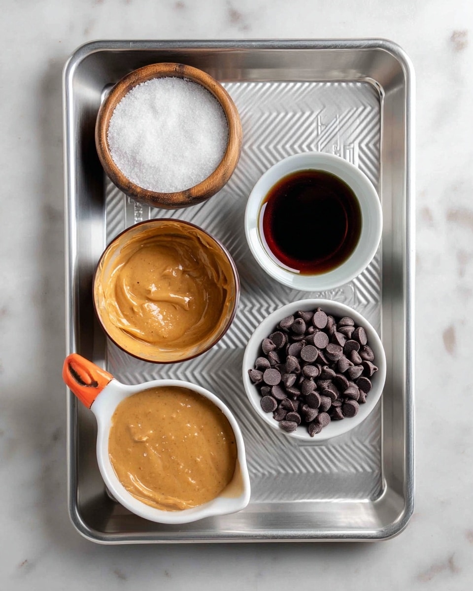 The image shows a silver tray with five small containers holding different ingredients. At the top left, there is a small round wooden bowl filled with white salt. At the top center, a white bowl with a brown rim is empty. At the top right, a white bowl holds a dark brown syrupy liquid. At the bottom left, a white measuring cup with an orange handle is filled with a smooth, light brown peanut butter mixture. At the bottom right, a white bowl is filled with dark chocolate chips. The tray sits on a white marbled surface. photo taken with an iphone --ar 4:5 --v 7