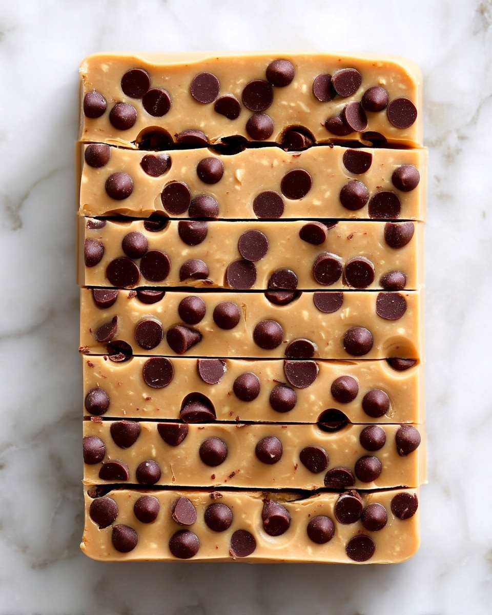 The image shows a rectangular piece of light beige fudge dotted with many round dark chocolate chips spread evenly on top. The fudge is already sliced into small rectangular pieces arranged in three rows, with neat straight lines defining each piece. The fudge has a smooth but slightly grainy texture, and the chocolate chips add a glossy contrast with their dark brown color. The background is a white marbled surface. photo taken with an iphone --ar 4:5 --v 7