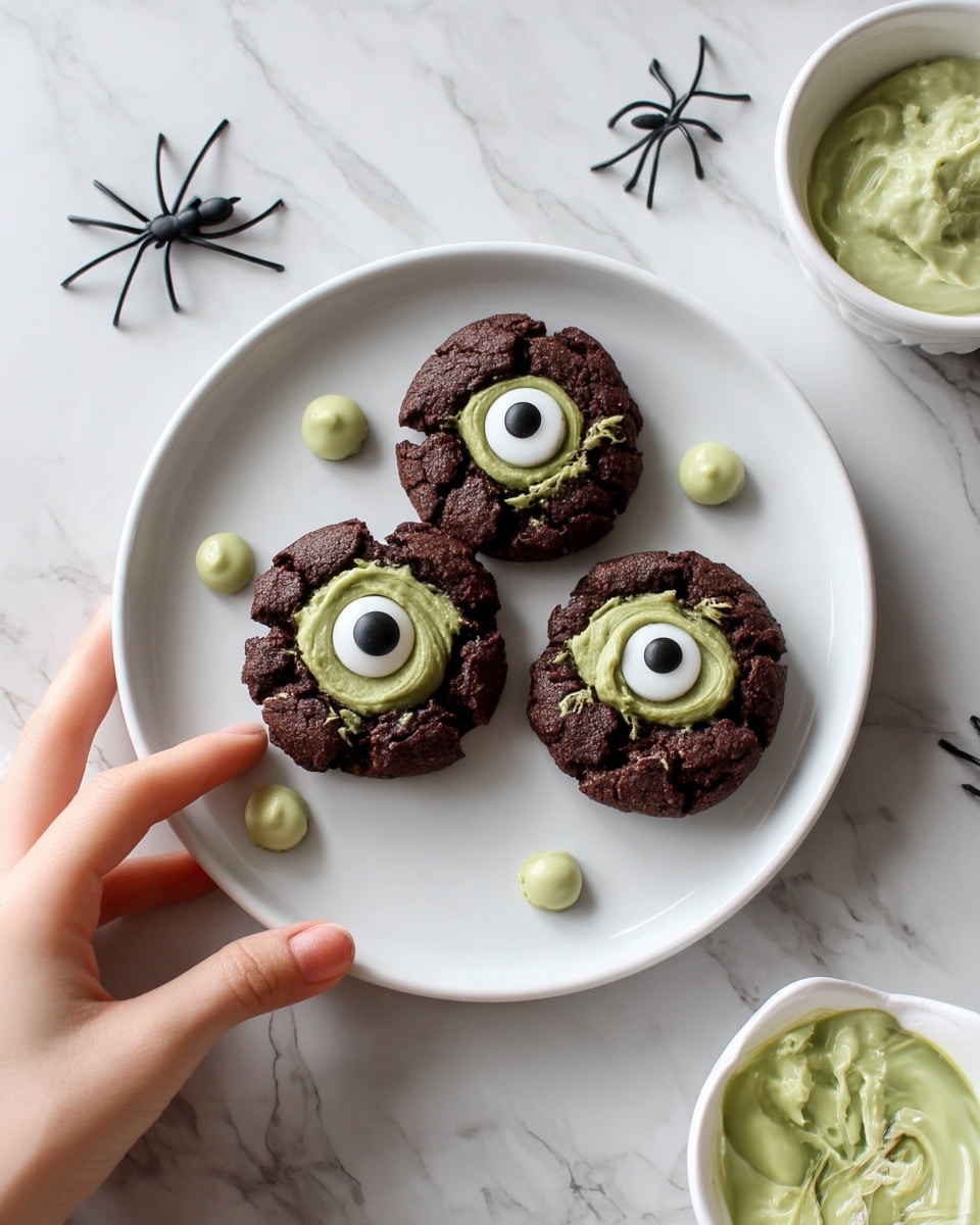 A close-up view of a dark brown, rough-textured cookie held between the fingers of a woman's hand, topped in the center with three layers that look like an eyeball: a smooth white round candy on the bottom, a ring of thick greenish frosting around the white candy, and a small round black candy in the middle. Below the cookie, there is a blurred white marbled surface holding more similar cookies. photo taken with an iphone --ar 4:5 --v 7