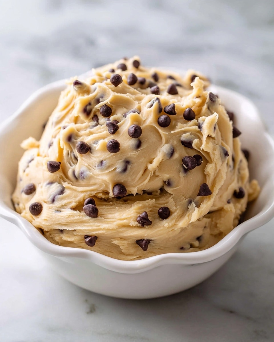 A large white bowl filled with creamy, light tan cookie dough mixed with many small, dark brown chocolate chips. The dough is swirled with soft, smooth texture, showing folds and peaks on its surface covered evenly with chocolate chips. The bowl rests on a white marbled surface with scattered wrapped chocolate candies and chocolate chip cookies in the background. The scene is bright and colorful, highlighting the richness and chunkiness of the cookie dough photo taken with an iphone --ar 4:5 --v 7