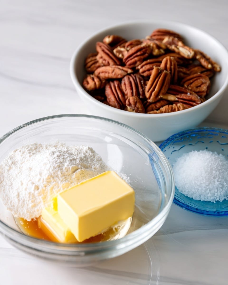The image shows two white bowls placed on a white marbled surface. The larger glass bowl in front contains four main layers: a light yellow solid layer of butter on the right side, a golden amber liquid layer underneath, and two separate white powdery layers on the left and bottom right sides, likely flour and powdered sugar. Behind this bowl, there is a smaller white bowl filled with a generous amount of dark brown pecan halves, showing rough texture and natural grooves. A small blue glass bowl with white coarse salt is placed near the bottom right corner of the glass bowl, adding a bright contrast. Photo taken with an iphone --ar 4:5 --v 7