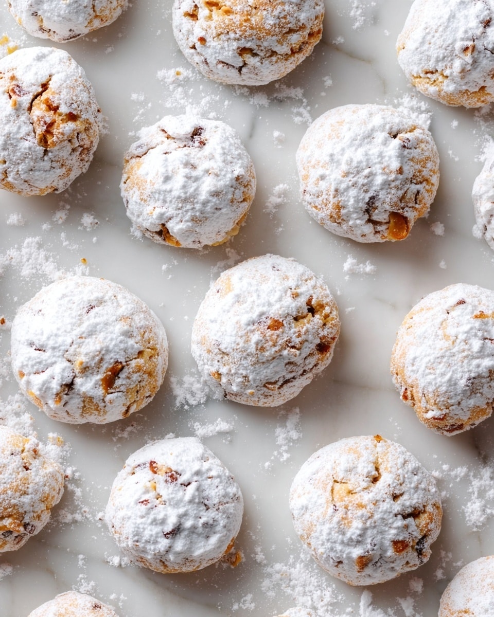 The image shows many small round cookies covered in powdered sugar, arranged on a white marbled surface. Each cookie is light brown with visible darker bits inside, and they are fully coated in a thick layer of white powdered sugar, giving them a soft, powdery texture. The cookies are scattered randomly, with some powdered sugar dusted around them on the surface. The photo is close-up and softly focused on the cookies in the middle. photo taken with an iphone --ar 4:5 --v 7