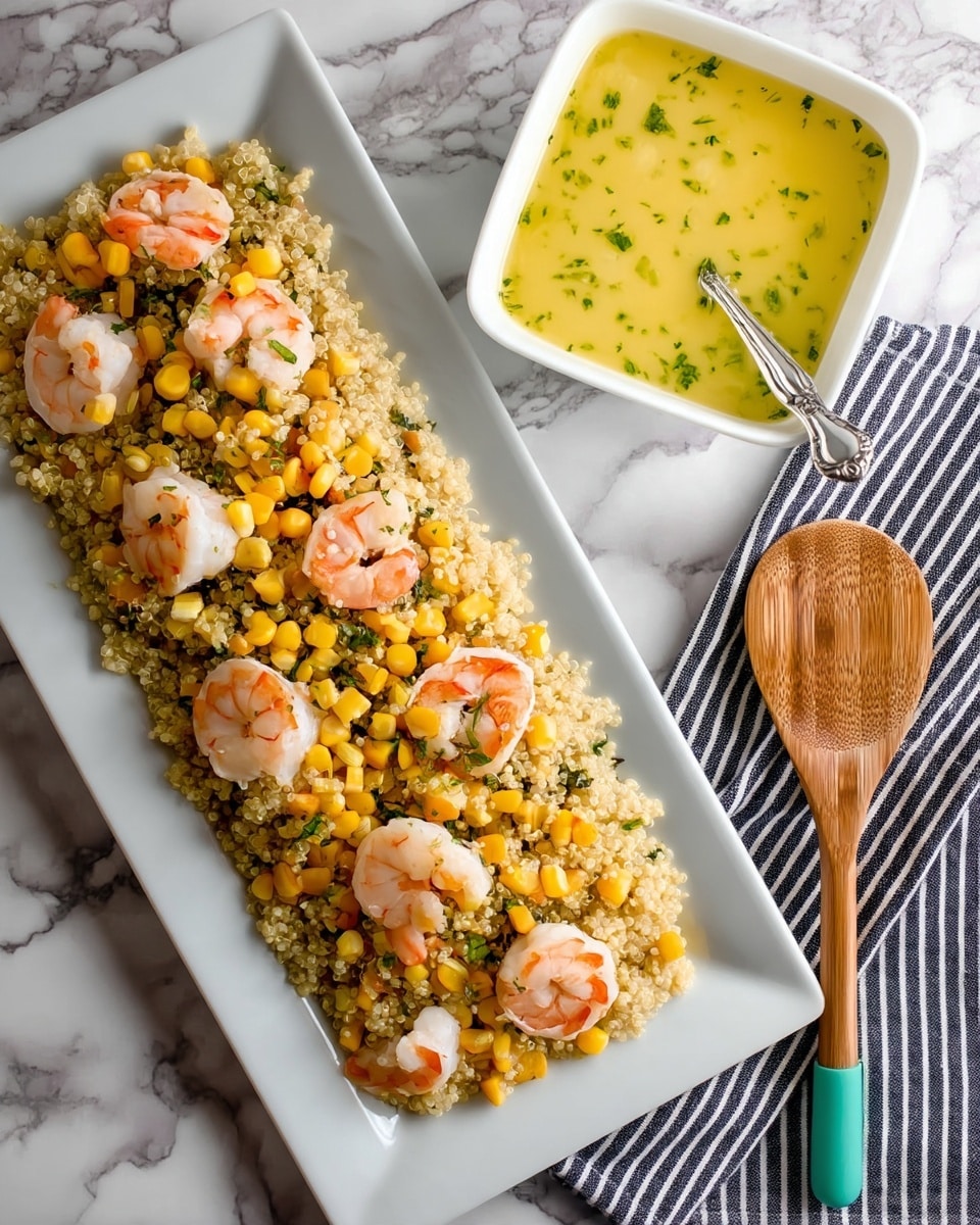 A long white rectangular plate filled with a layered quinoa salad. The bottom layer is light beige quinoa grains, mixed with bright yellow corn kernels scattered throughout. On top, medium-sized pink shrimp are evenly placed, adding contrast. Small green herb pieces are sprinkled over the dish. To the right, a white square bowl contains a light yellow sauce with visible green herbs, and a silver spoon rests inside. A wooden spoon with a turquoise handle lies on a black and white striped cloth napkin under the bowl. All items are set on a white marbled surface photo taken with an iphone --ar 4:5 --v 7