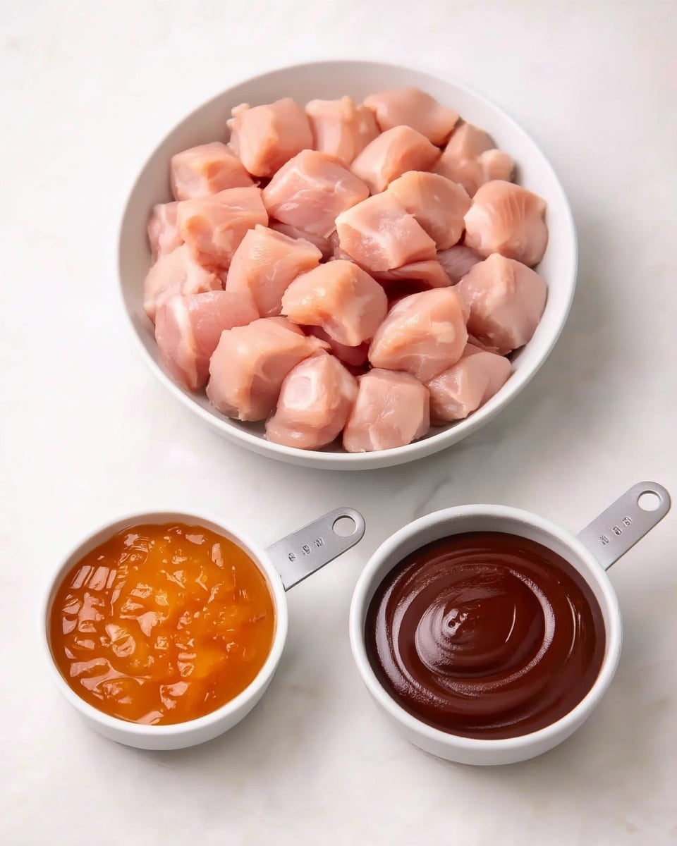 A white bowl filled with many pink cubes of raw chicken pieces is centered at the top. Below it are two white measuring cups, side by side; the left cup contains a chunky orange sauce with visible small pieces, while the right cup has a smooth, dark brown sauce swirled in a circular pattern. All items are placed on a white marbled surface. photo taken with an iphone --ar 4:5 --v 7